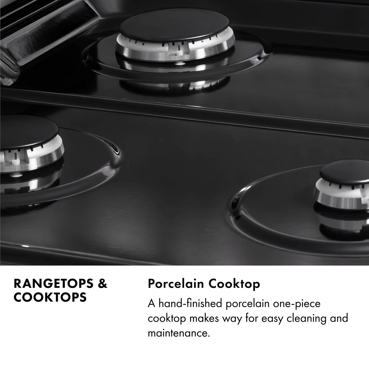 Porcelain gas cooktop with four stainless burner caps on a dark cooktop surface