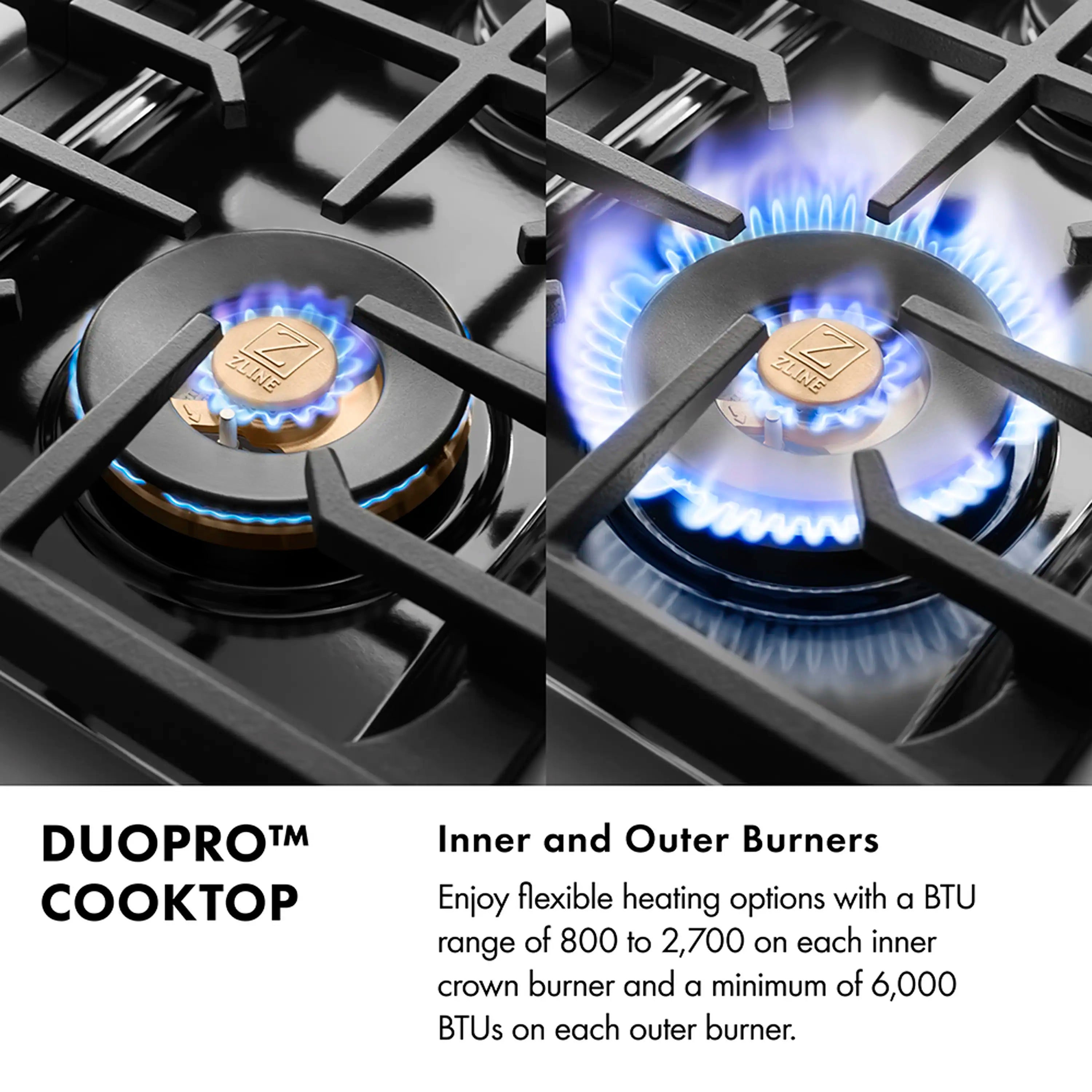 Gas cooktop burners with blue flames and brass burner caps on black grates
