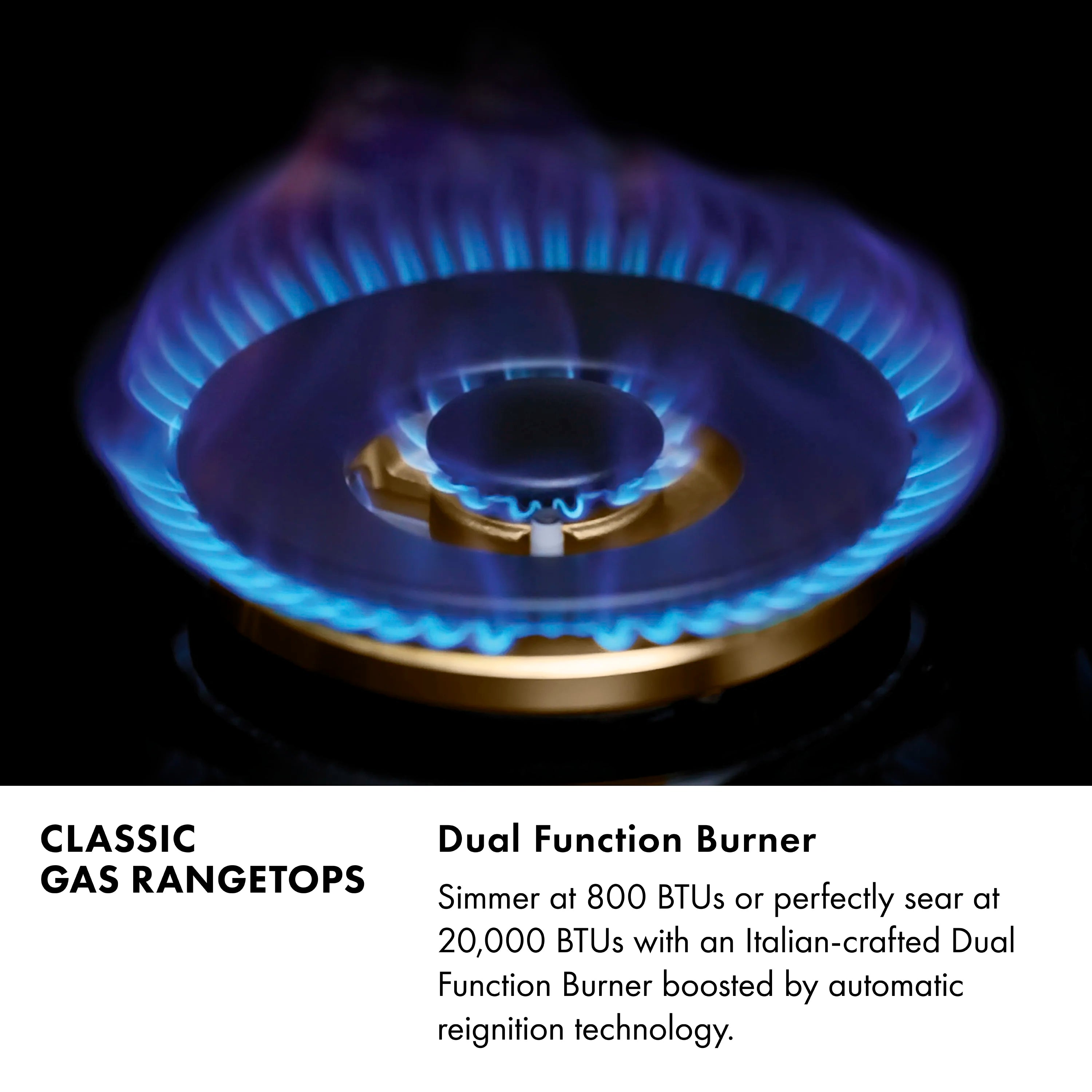 Dual function gas burner with blue flame ring on stovetop