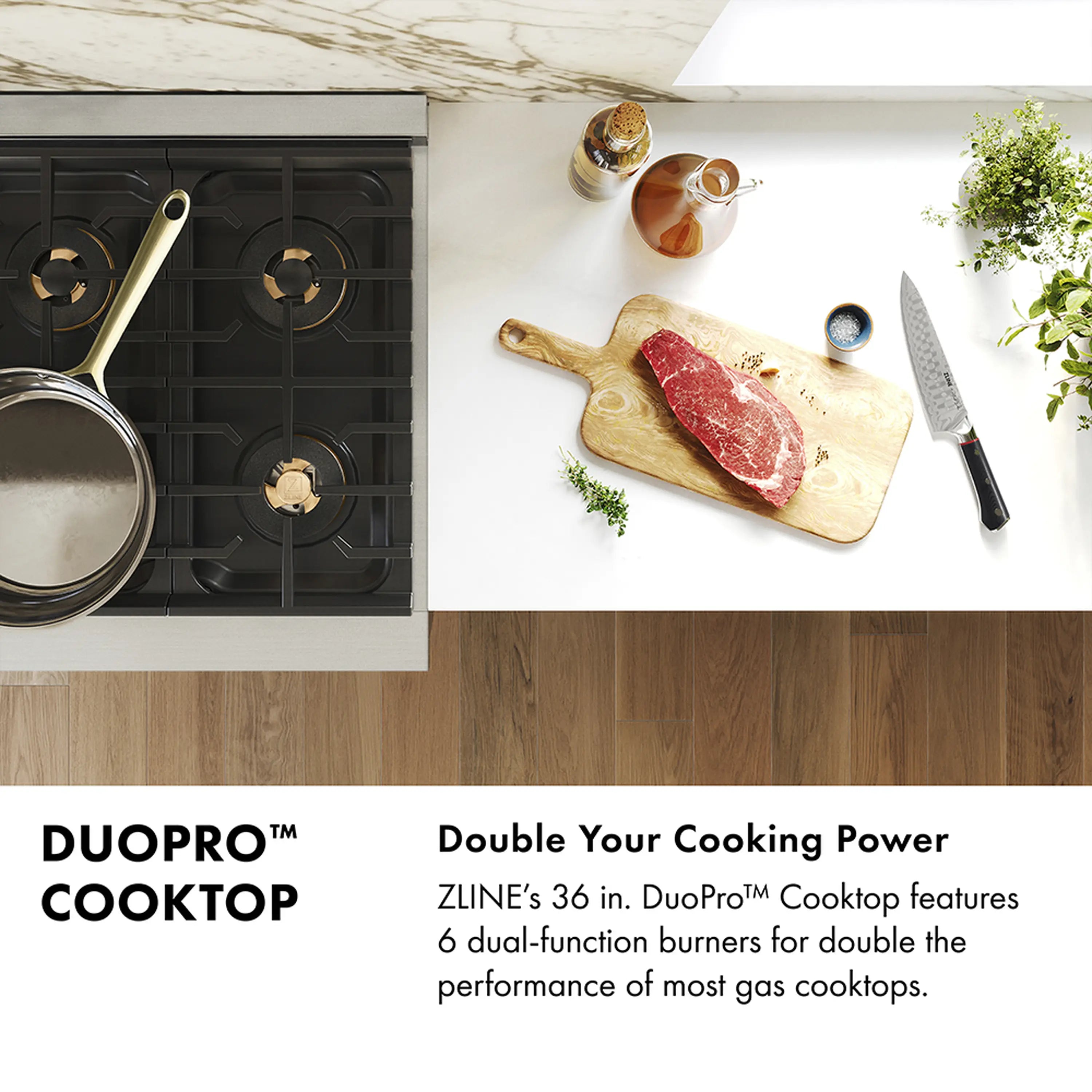 36-inch gas rangetop with black grates and brass burner caps in stainless frame