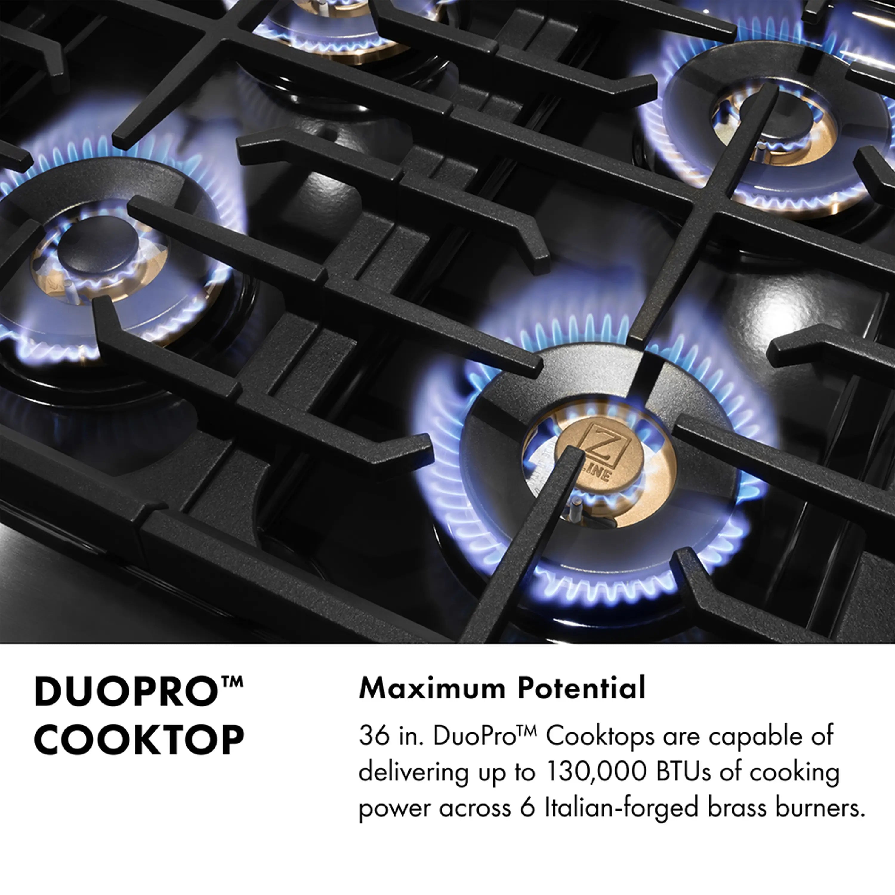 Gas cooktop burner with black grate and blue flame over brass cap