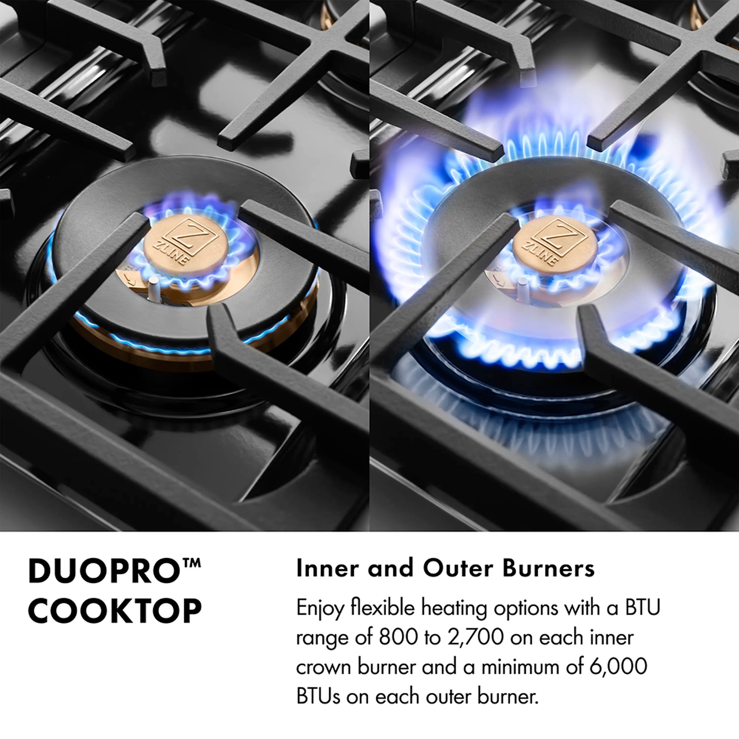 Gas cooktop burners with blue flames across black cast-iron grate sections