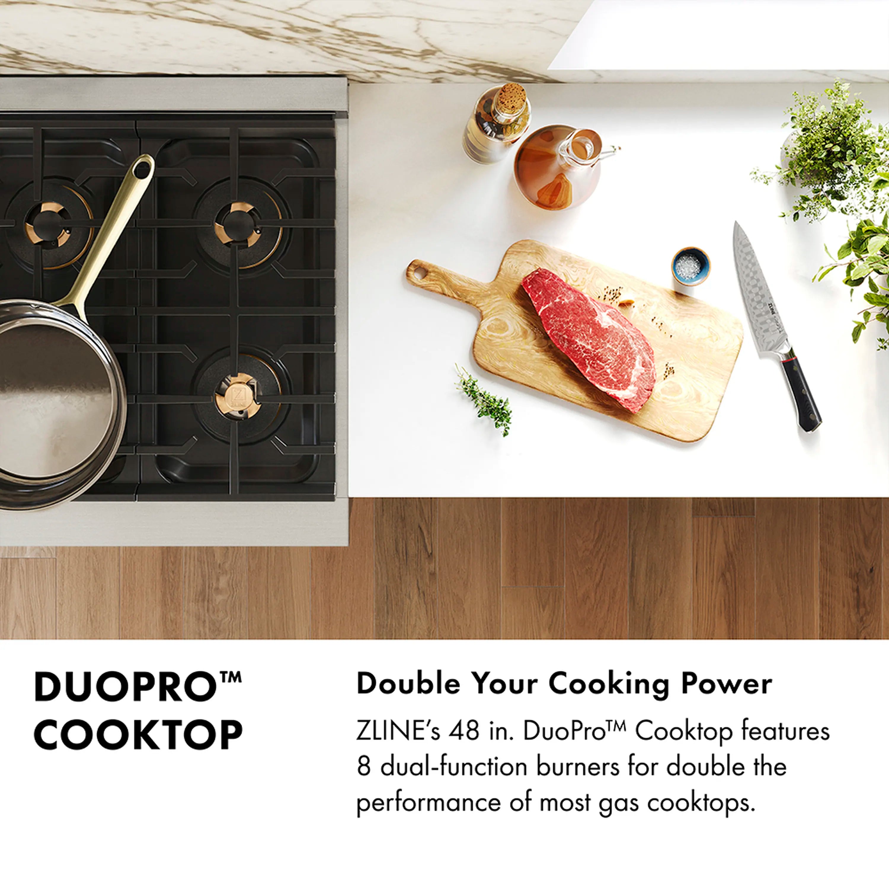 Stainless steel dual-fuel range with DUOPRO™ cooktop, dual ovens, and griddle-style layout