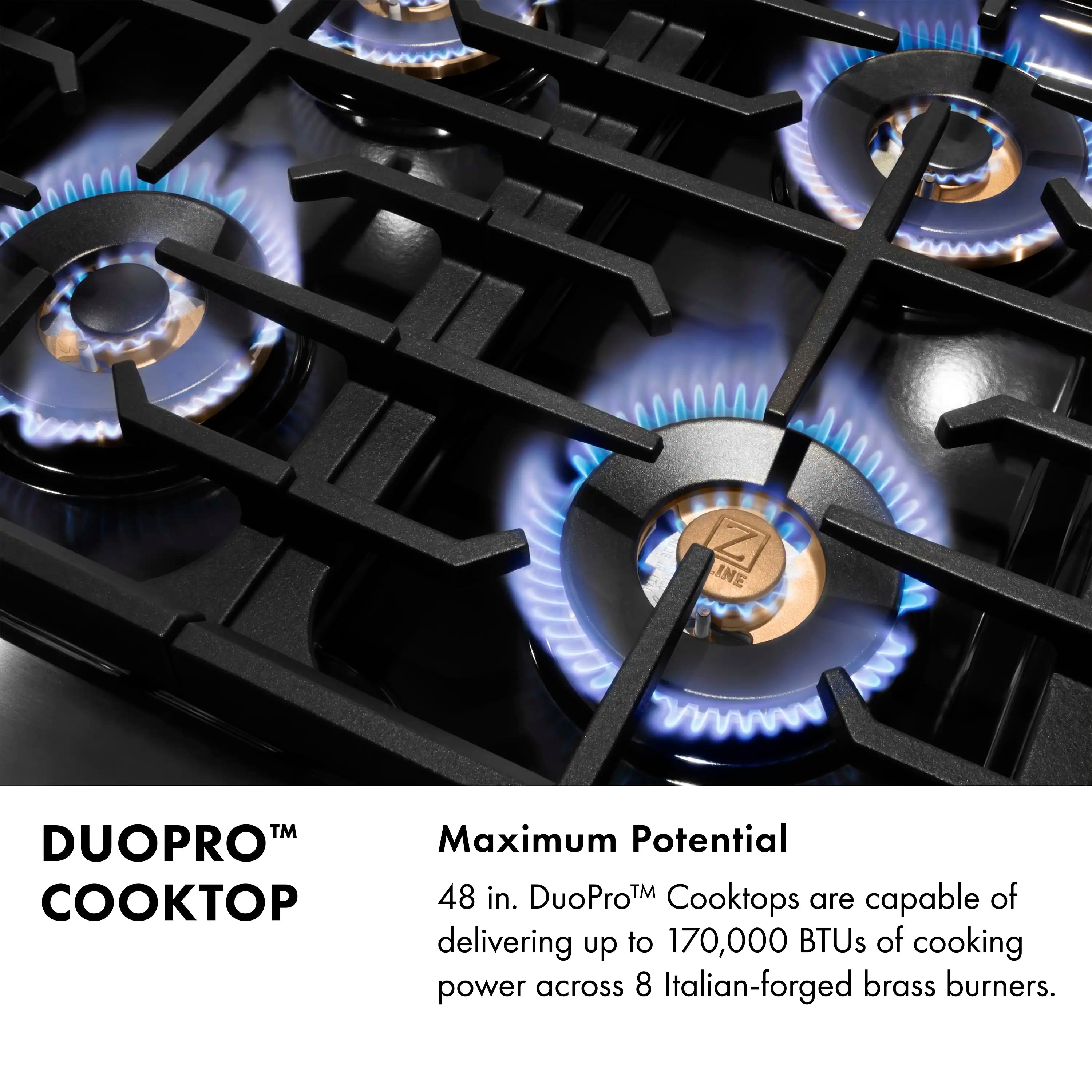 Black gas cooktop with multiple lit burners and champagne brass burner caps