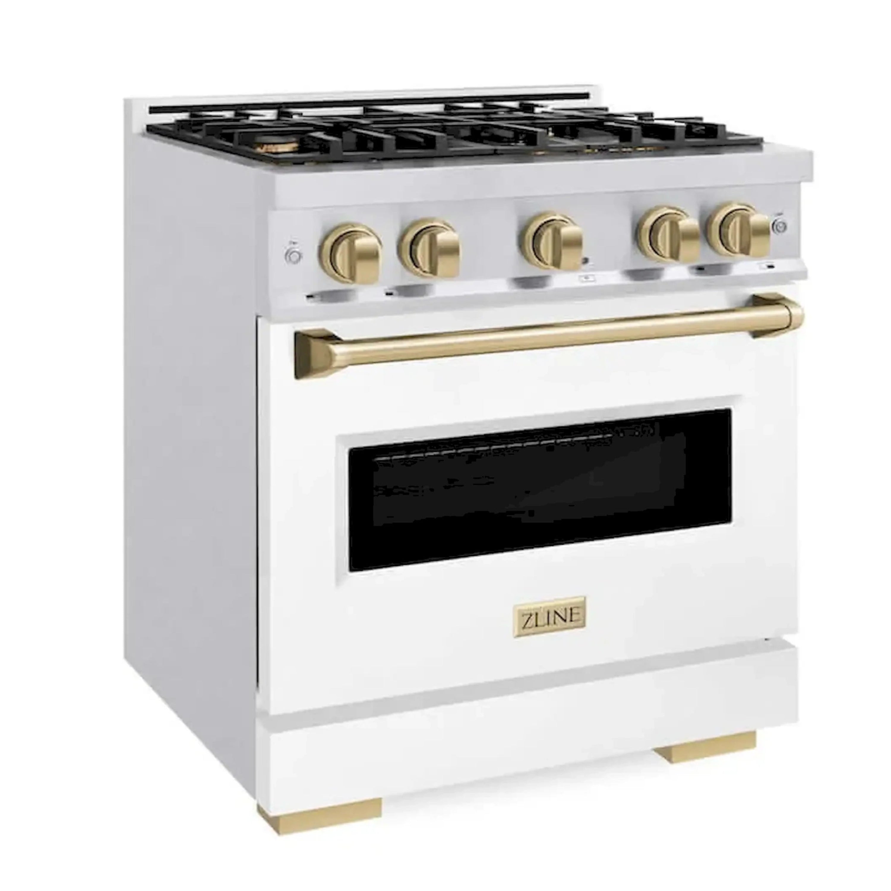 White dual fuel range with four champagne bronze knobs and oven door window