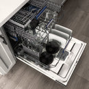Tall stainless steel dishwasher with open racks and matte black handle