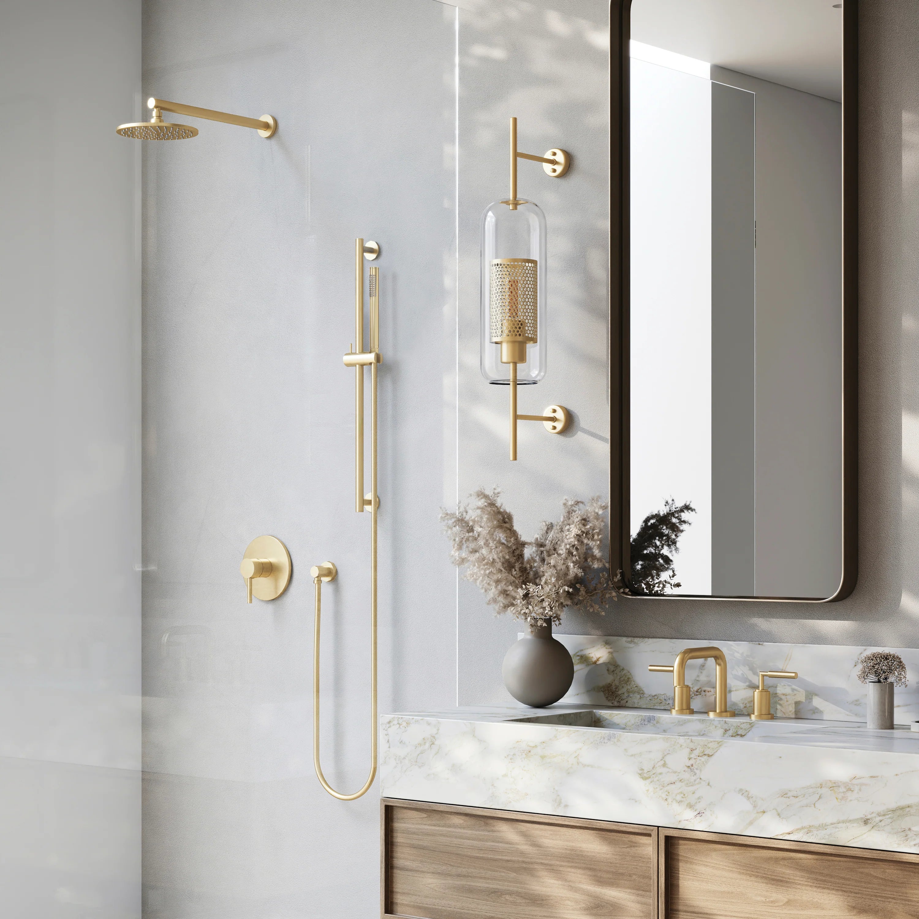 Polished gold shower set with ceiling showerhead, handheld, and wall-mounted controls