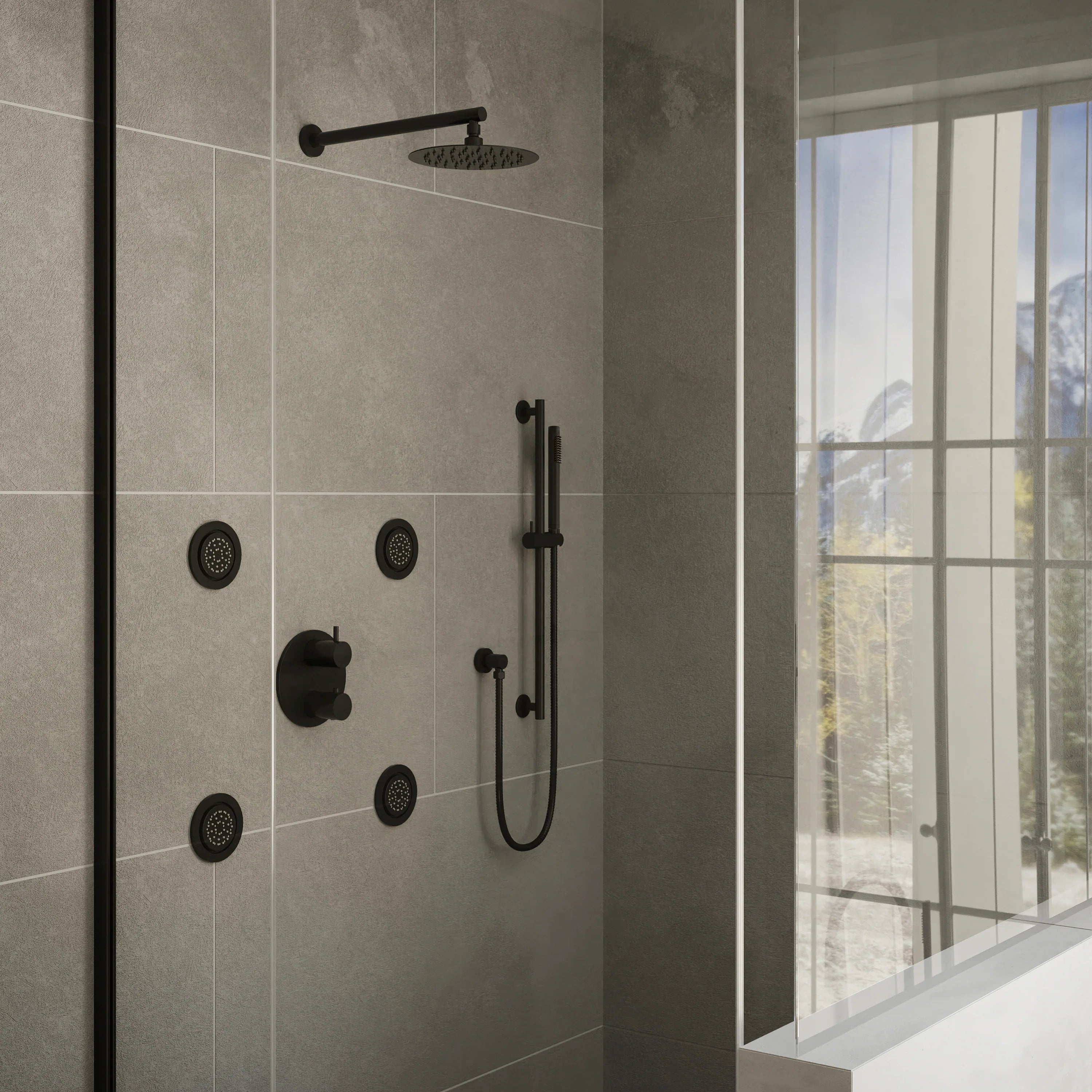 Matte black thermostatic shower system with ceiling showerhead and body jets