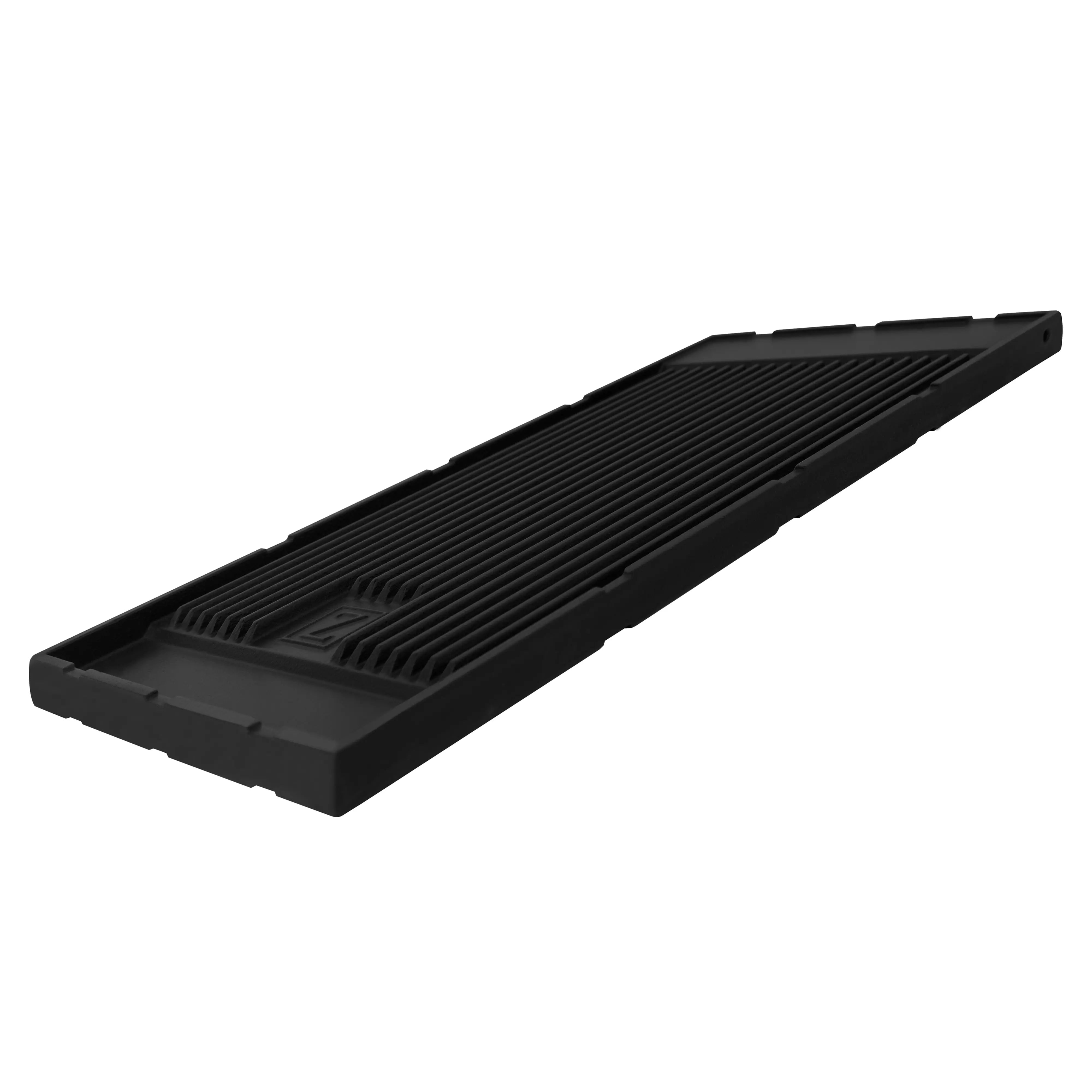 Black griddle plate with ridged surface for a dual fuel range.