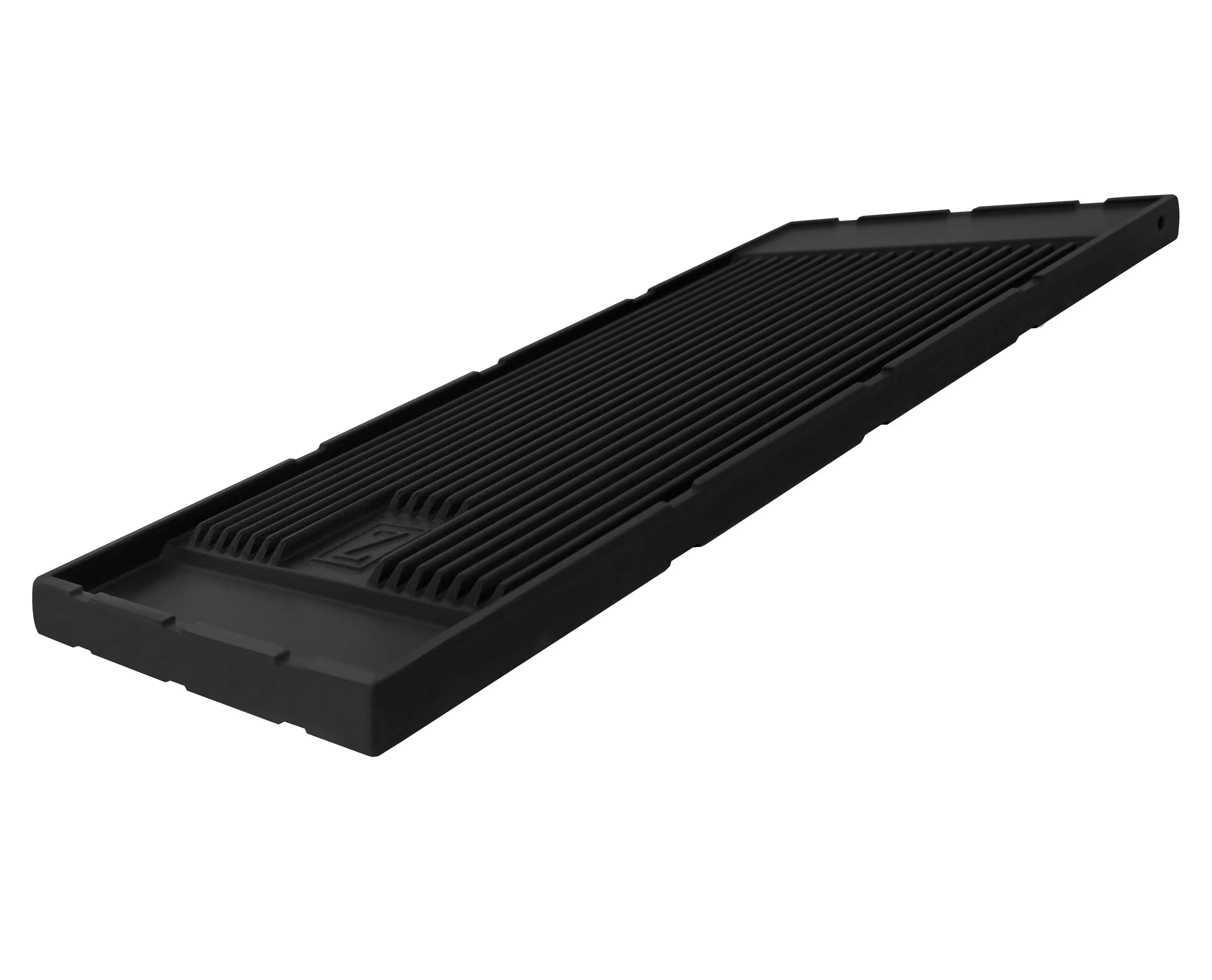 Black ridged griddle plate with raised channels, rectangular cooking surface