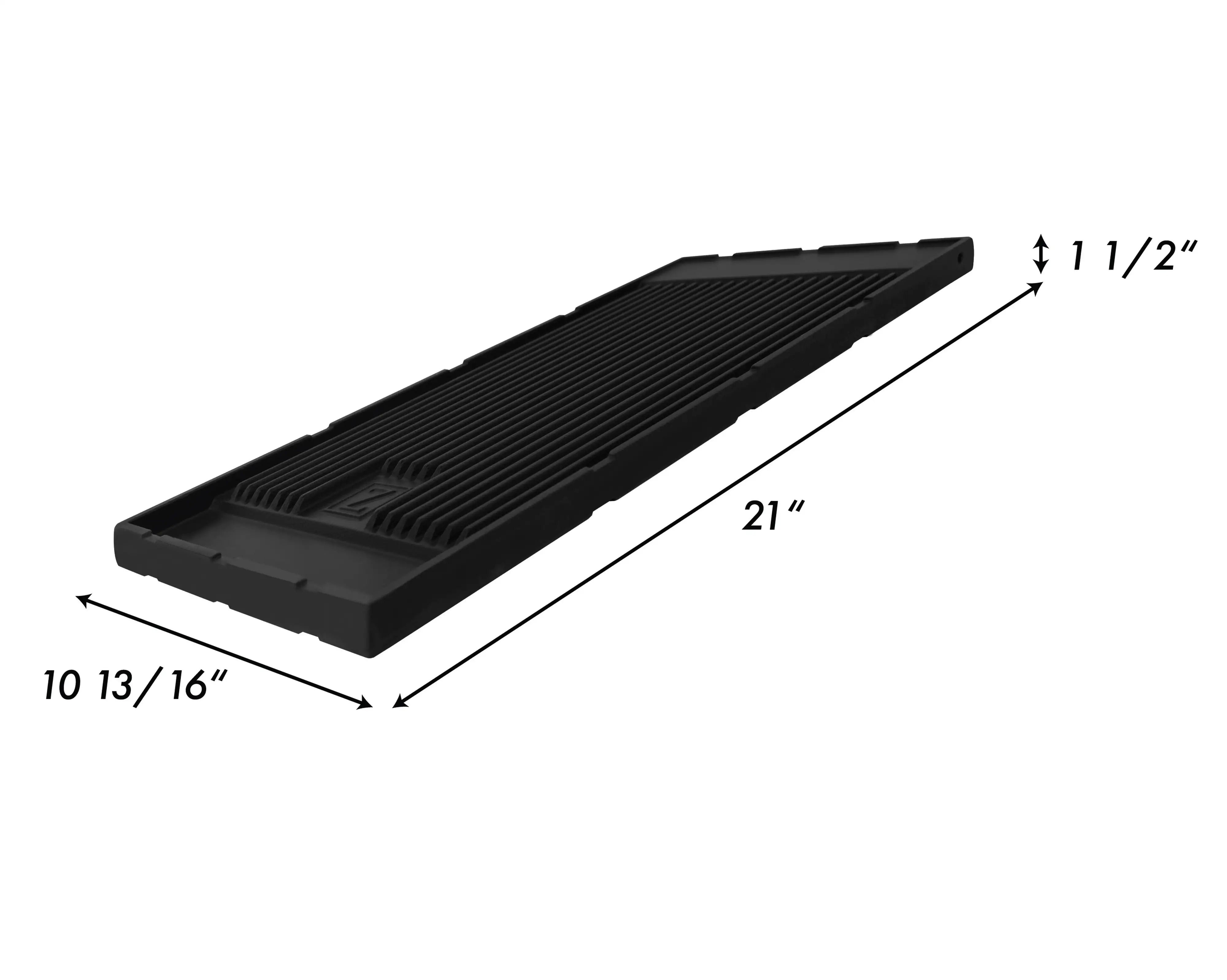 Black ridged griddle plate with textured cooking surface, rectangular shape