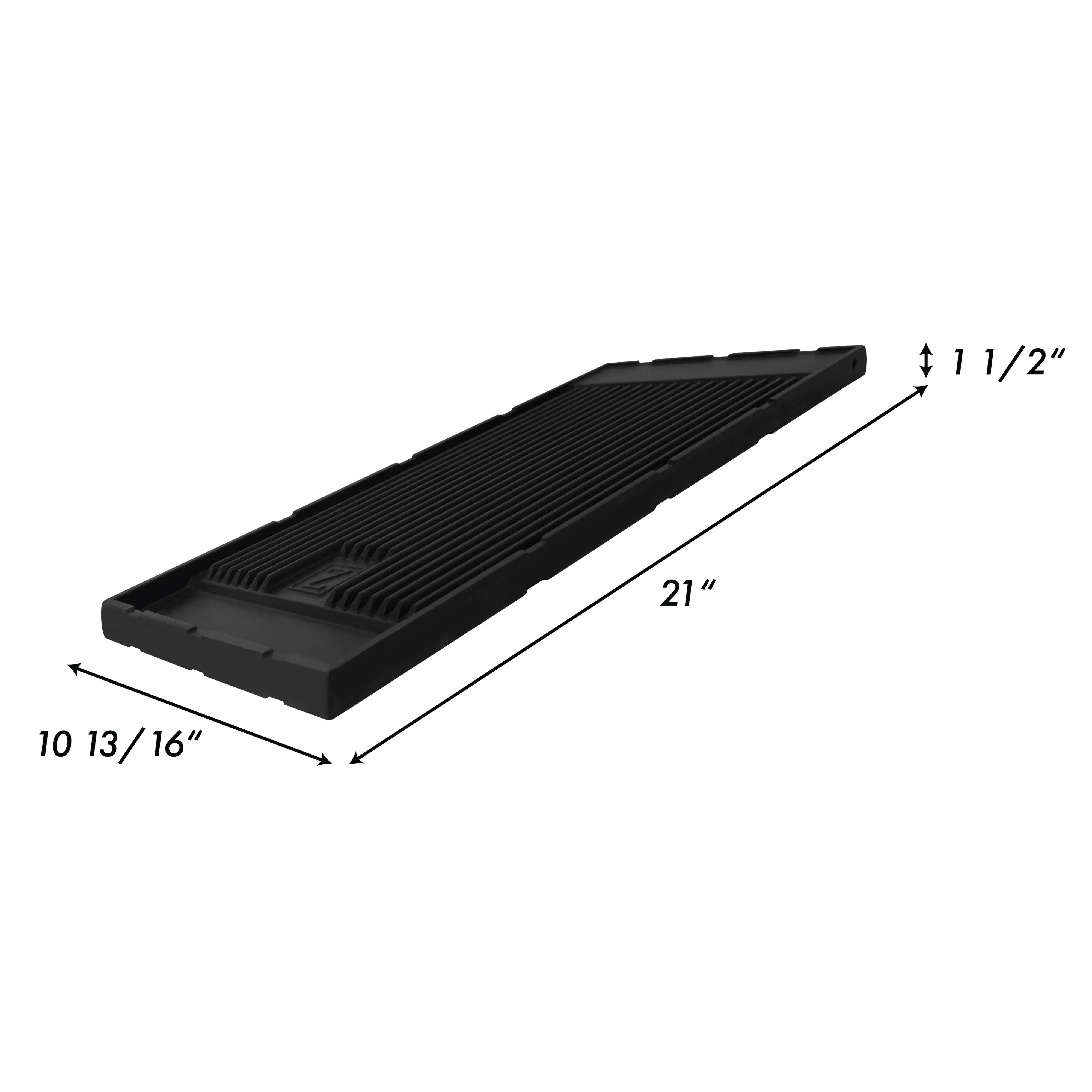 Black ribbed griddle plate with nonstick surface, 21 in long, 10–13 16 in wide