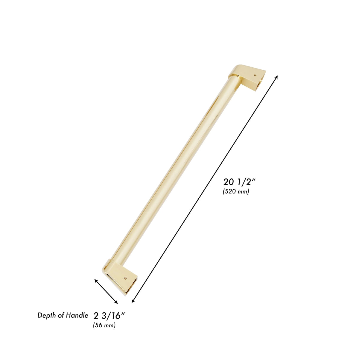 Gold refrigerator drawer handle with rectangular end plates; 20 1/2 in long, 2 3/16 in deep