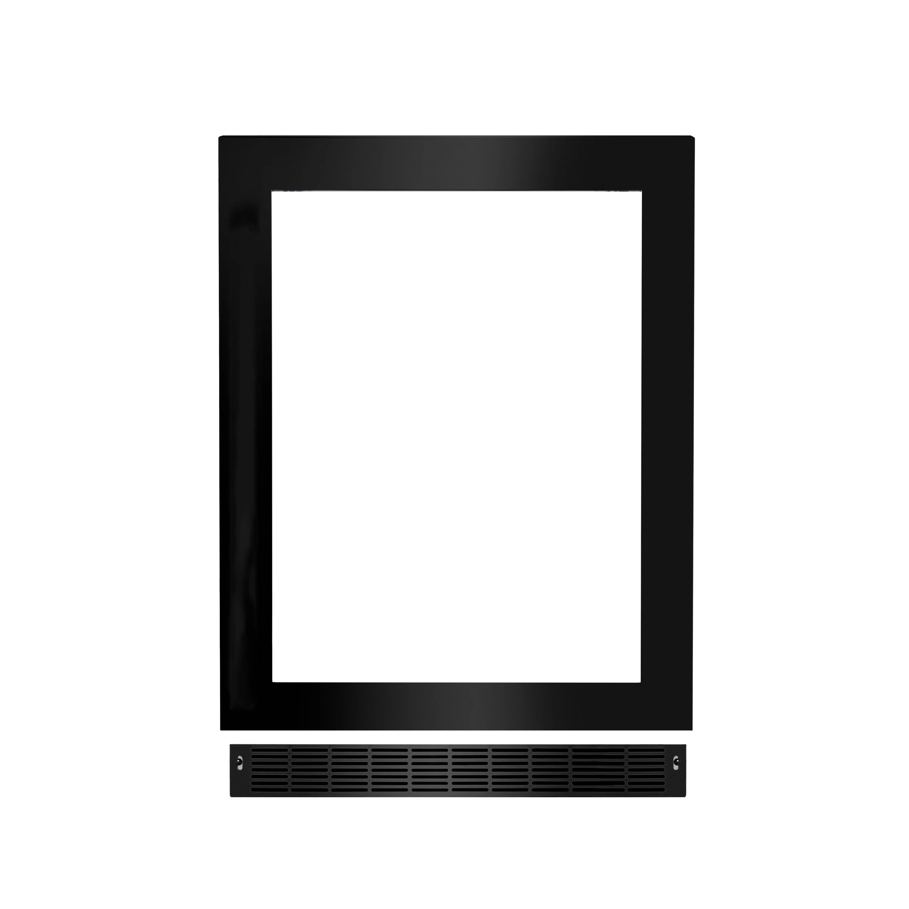 Black stainless undercounter refrigeration door with glass panel and bottom vent grille