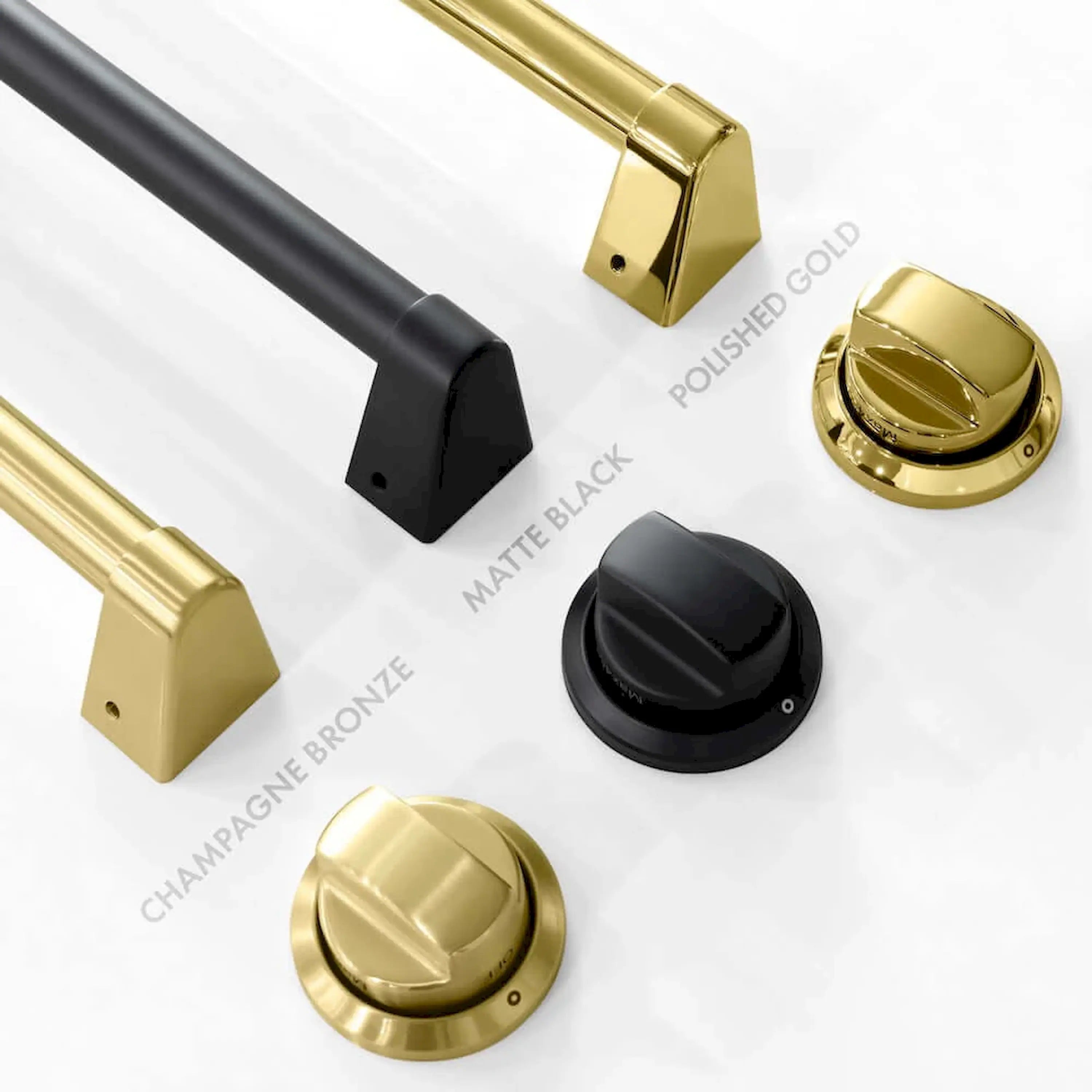 Gas range champagne bronze control knobs and black burner knobs