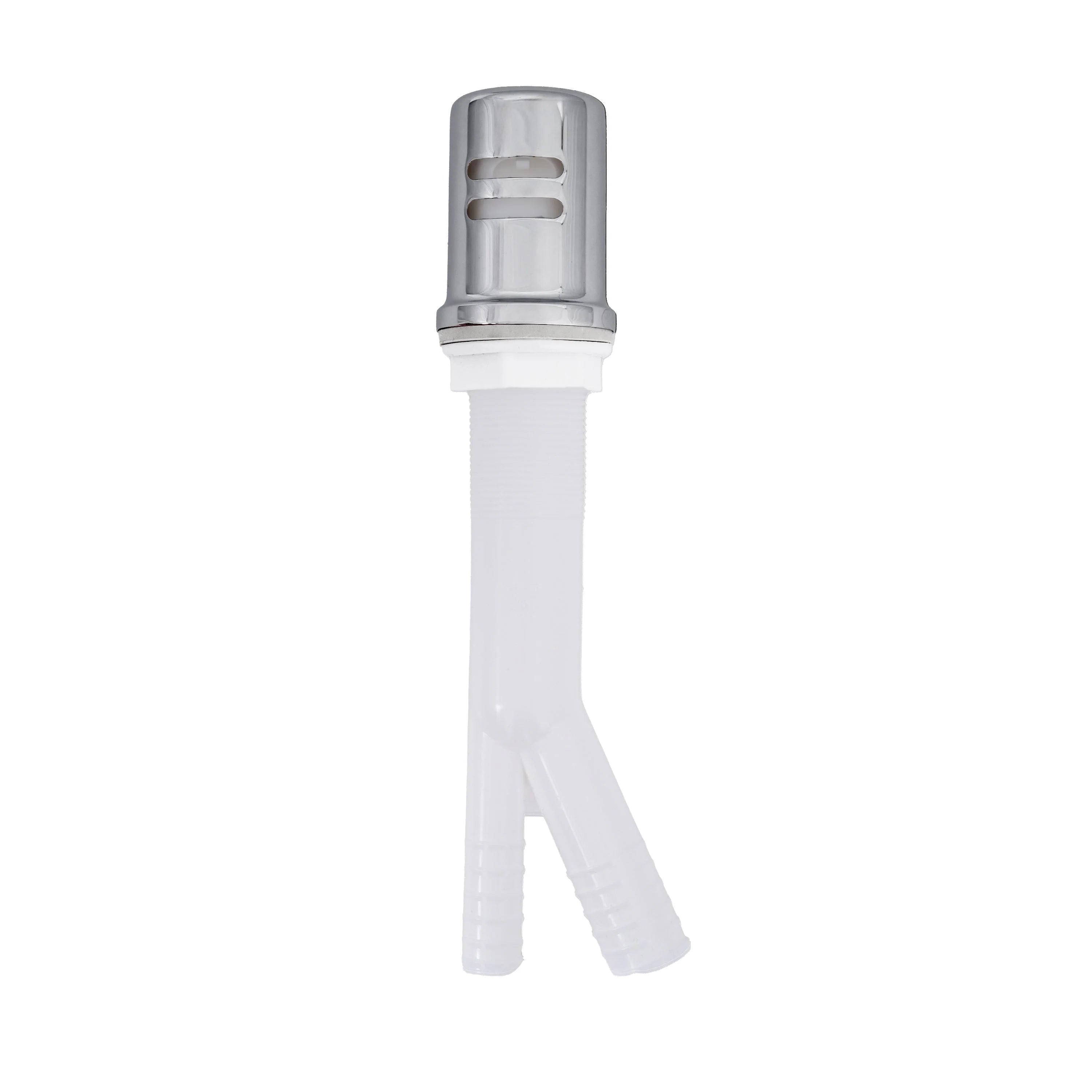 Chrome dishwasher air gap with barbed tubes and vented top cap