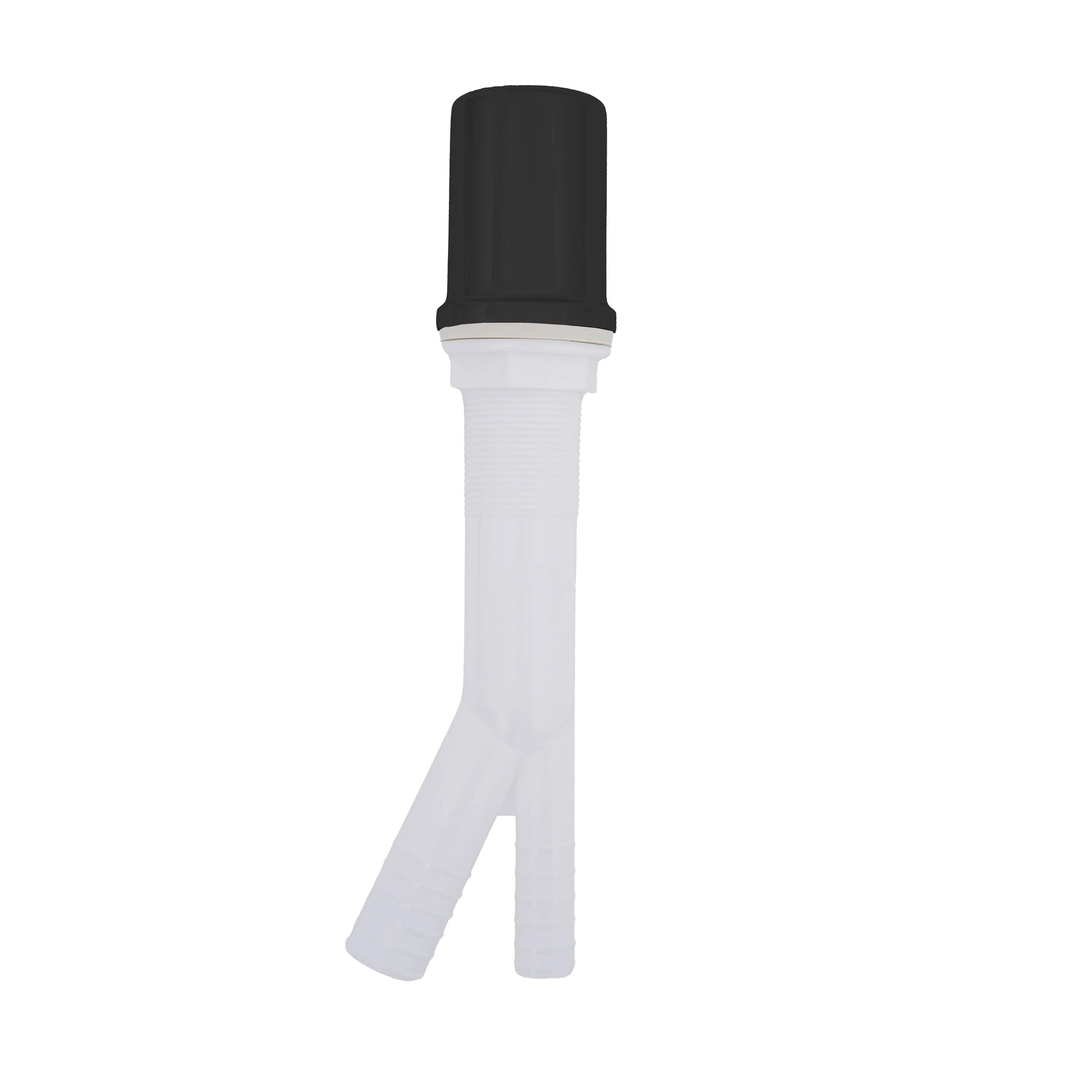 Matte black dishwasher air gap with white outlet legs and vent cap