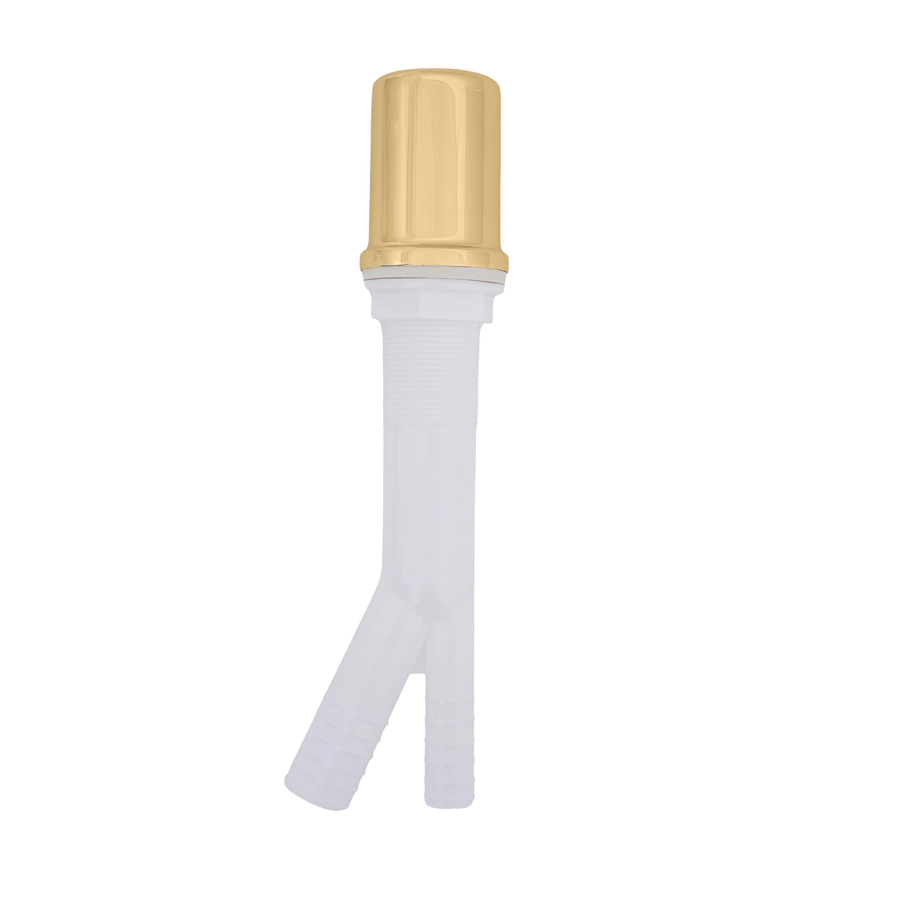 Polished gold dishwasher air gap with white hose and cylindrical cap