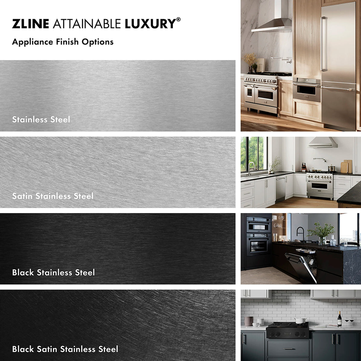 Gas range finish options showing stainless, satin stainless, and black stainless