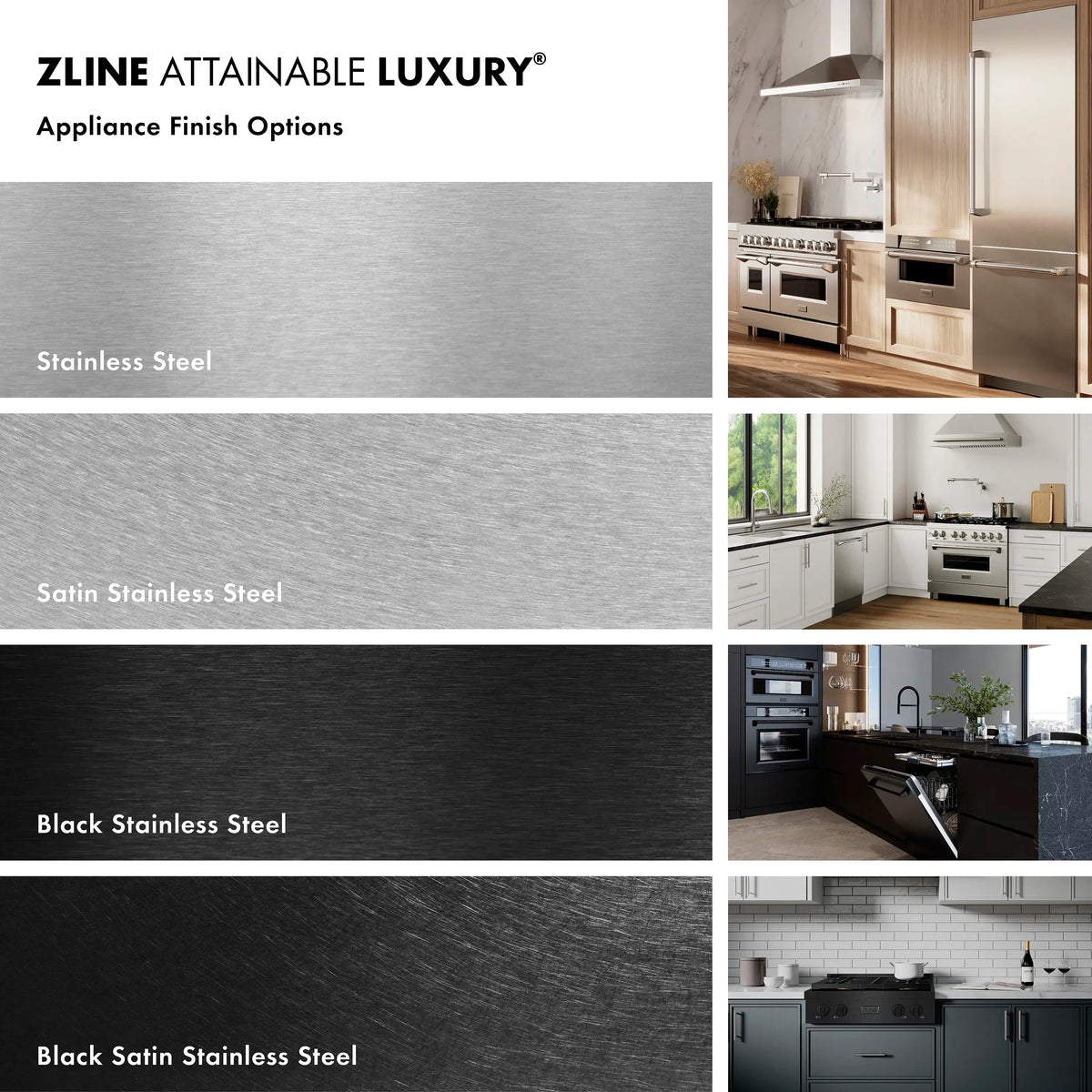ZLINE attainable luxury rangetop finish options panel featuring stainless and black finishes