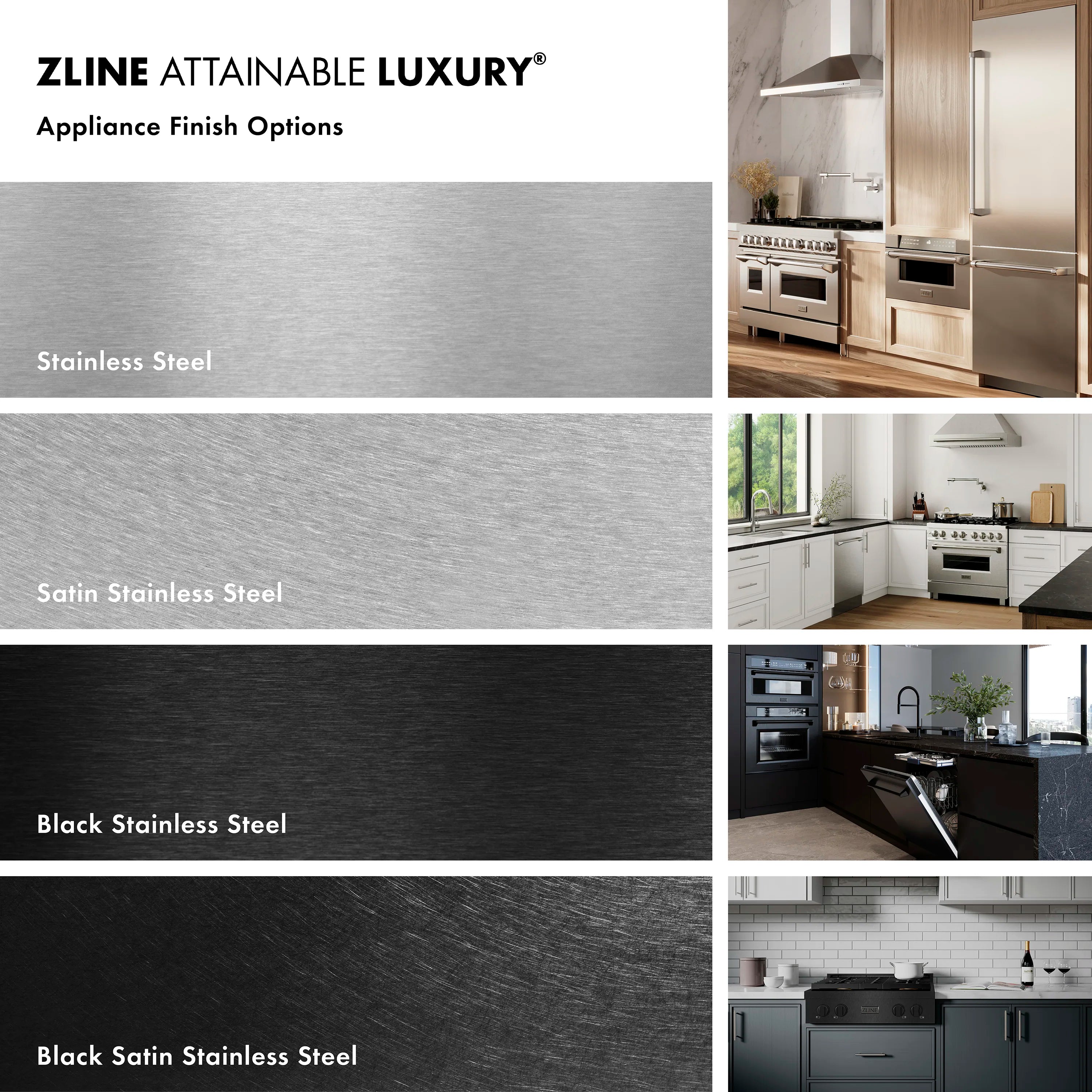ZLINE appliance finish options panel showing stainless, satin stainless, and black steel