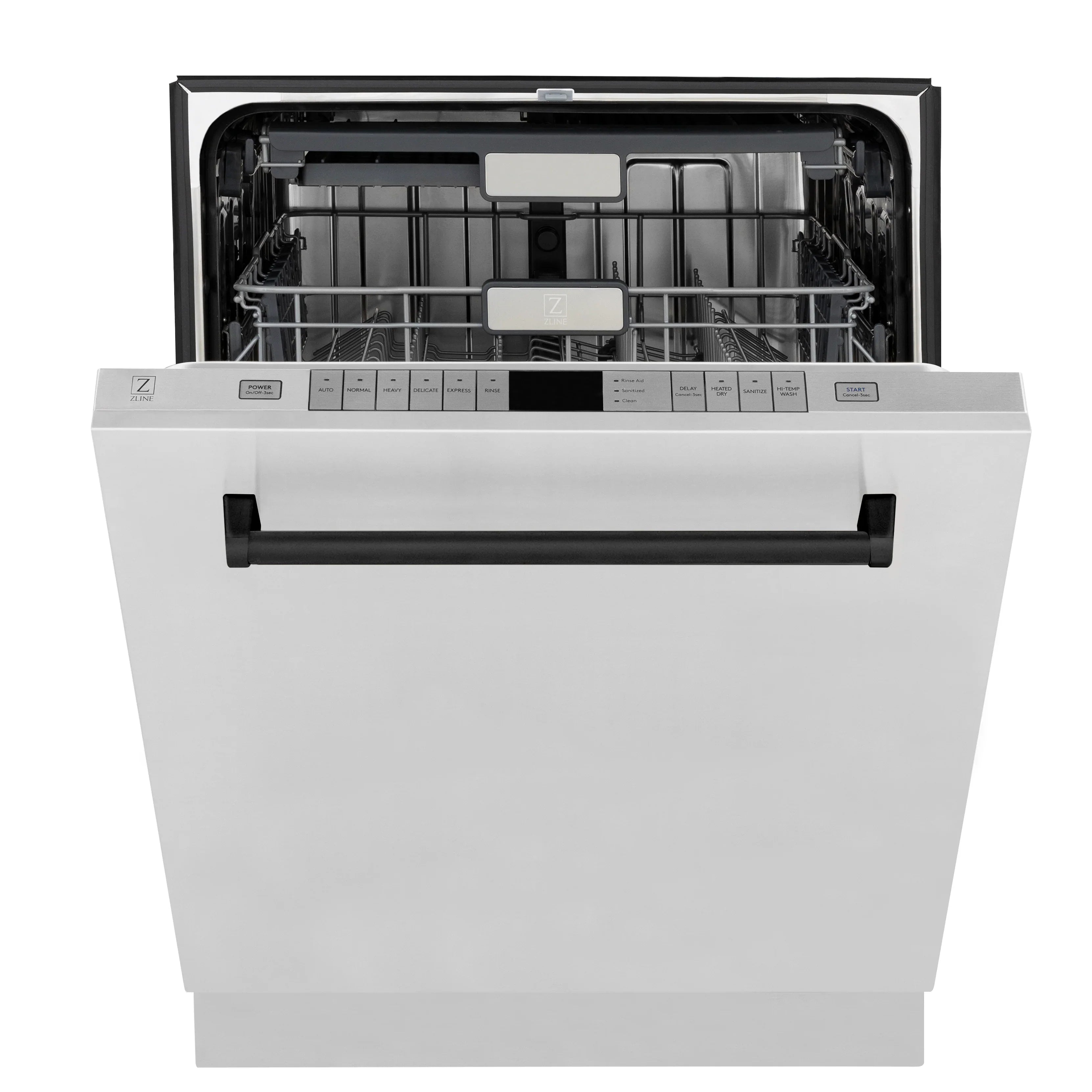 Open dishwasher drawer showing interior racks and control panel
