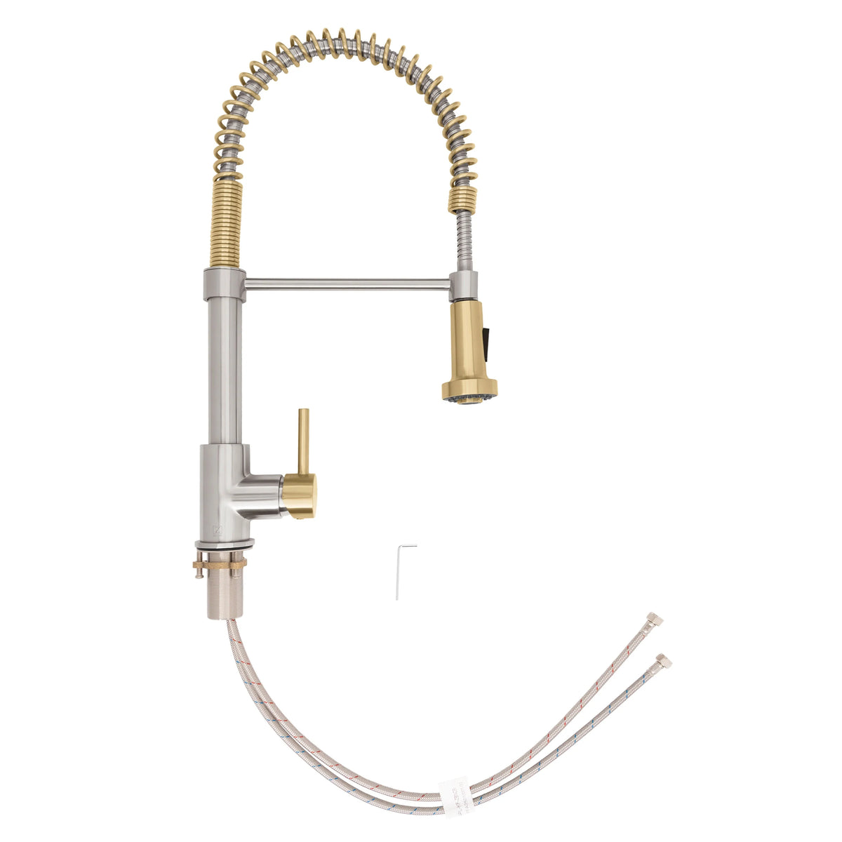 Pull-down kitchen faucet with coiled spring hose and champagne bronze lever on brushed body