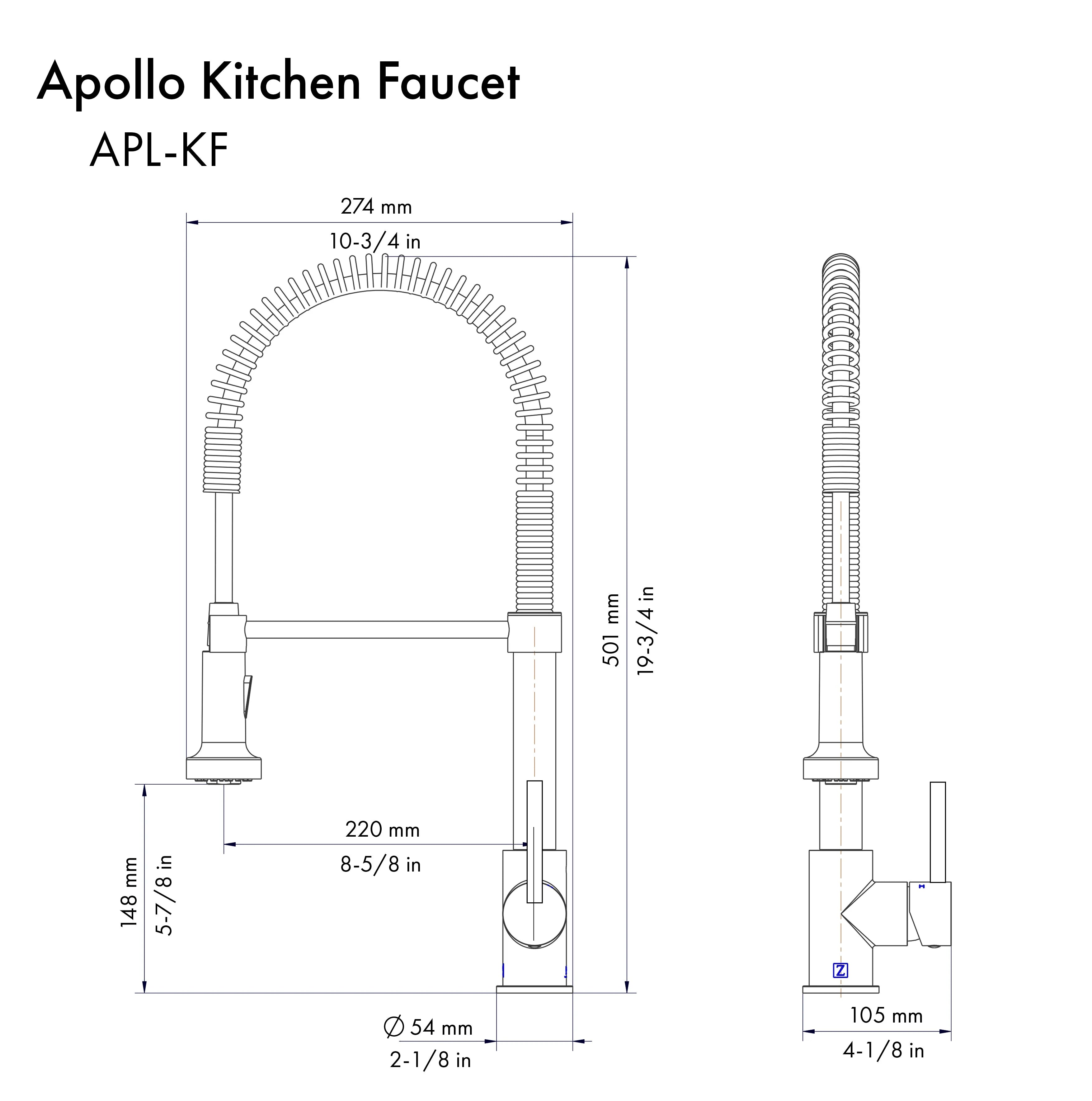 Kitchen faucet diagram with labeled dimensions for pull-down spout and handle