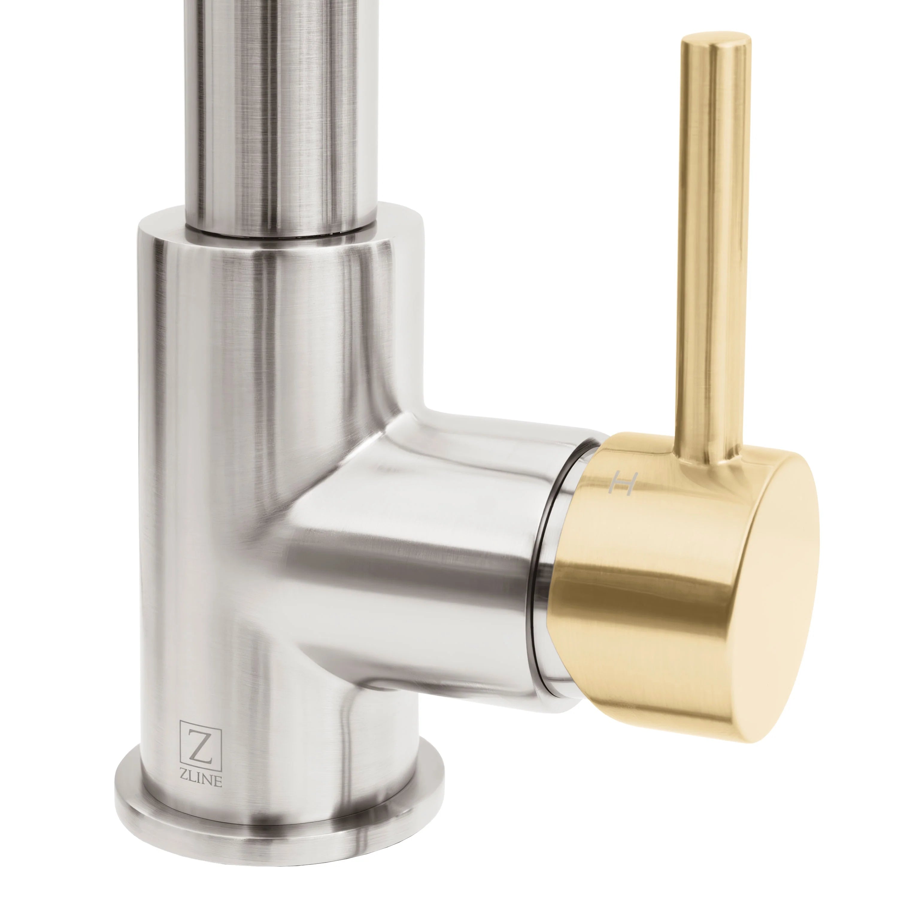 Single-handle pull-down kitchen faucet with brushed nickel body and champagne bronze handle