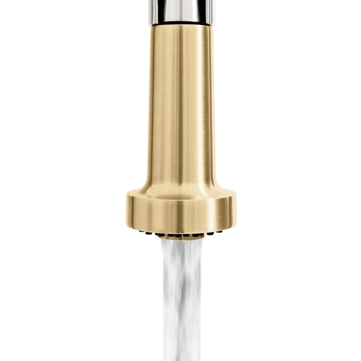 Champagne bronze pull-down spray head with visible water stream outlet