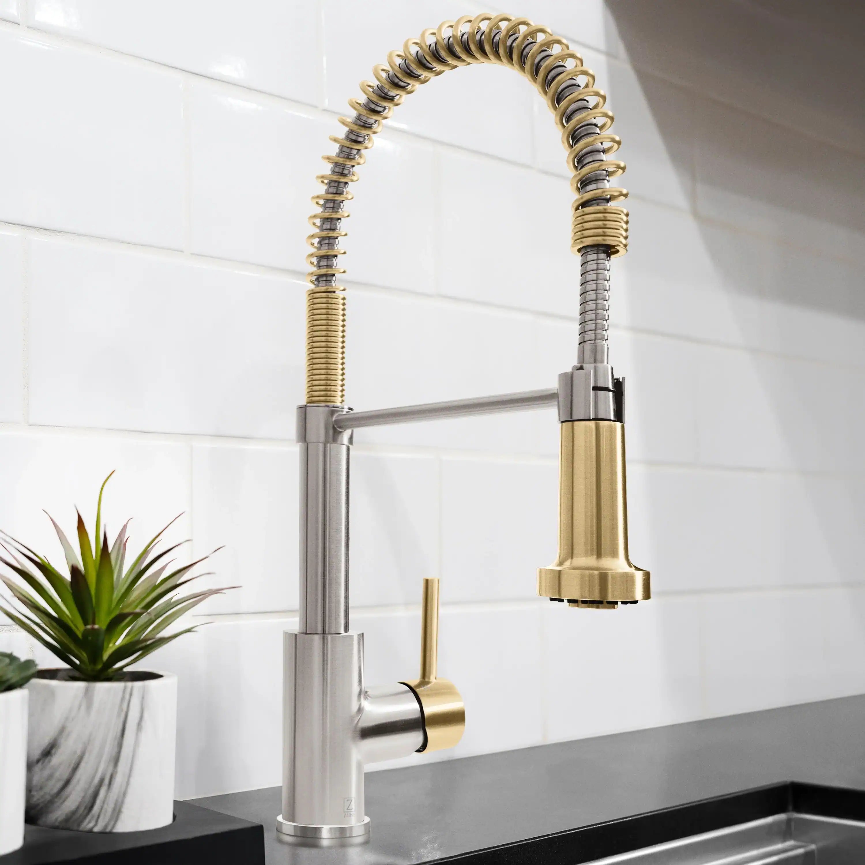 Single-handle kitchen faucet with pull-down sprayer, brushed nickel and champagne bronze finish