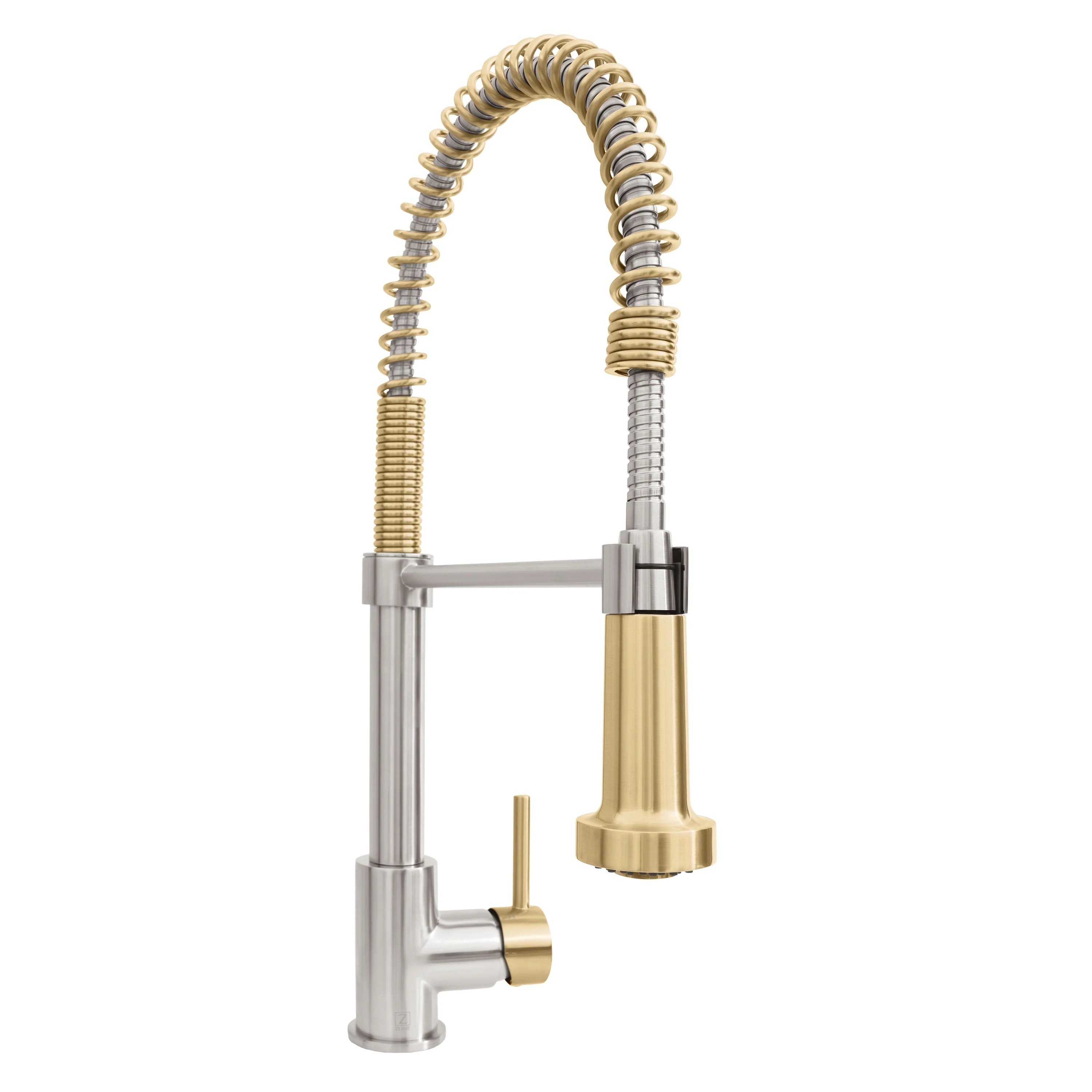 Pull-down kitchen faucet with arched spout, coiled hose, and champagne bronze accent collar