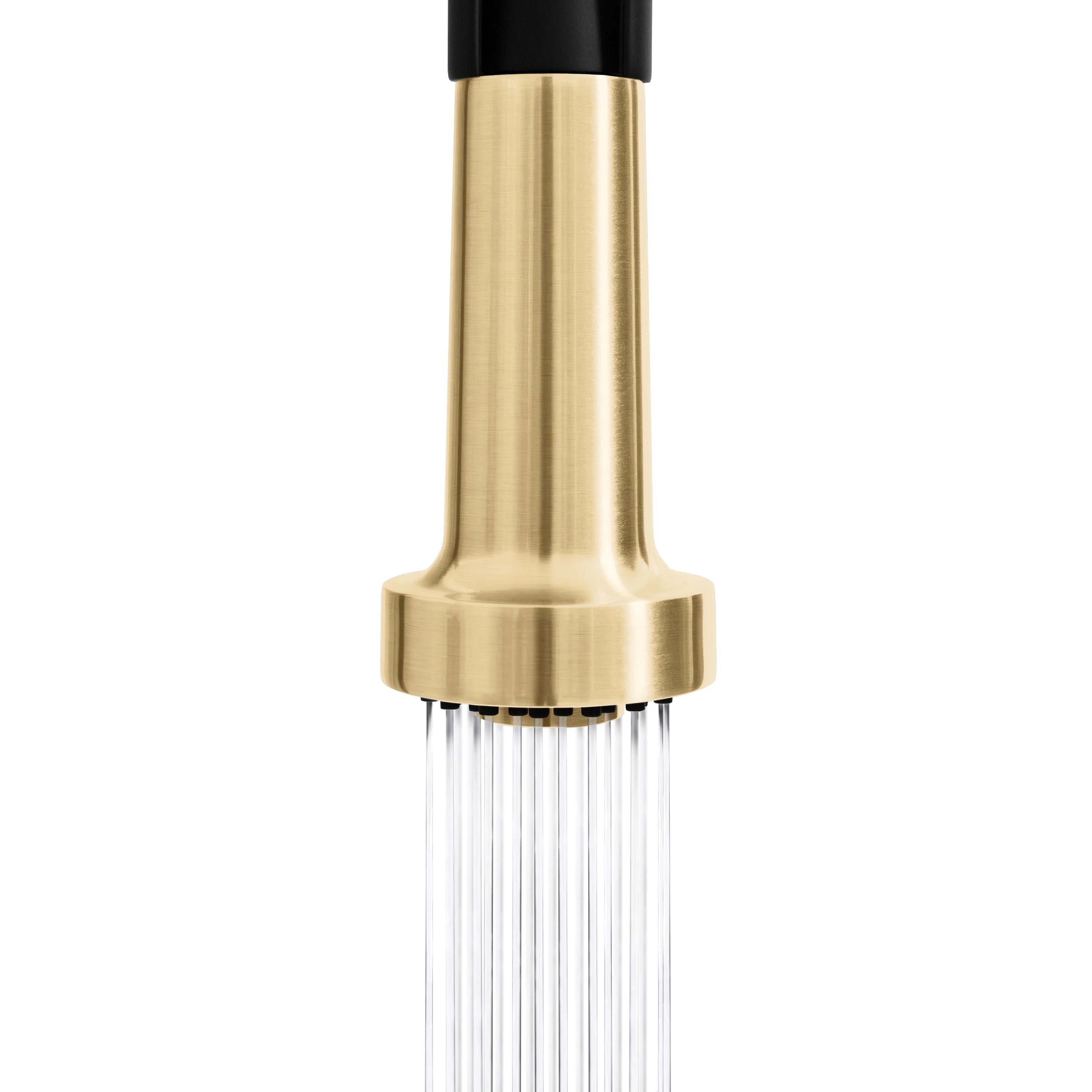 Champagne bronze pull-down faucet nozzle with spray pattern and water flow