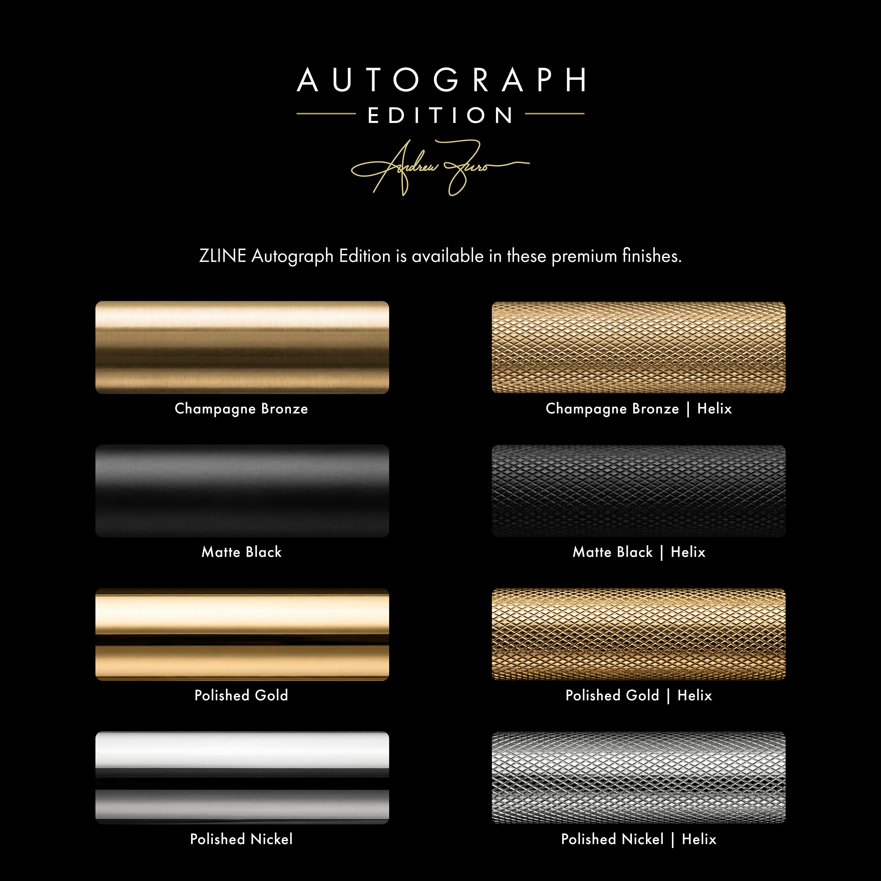 Autograph Edition gas range finish swatch cards on black background
