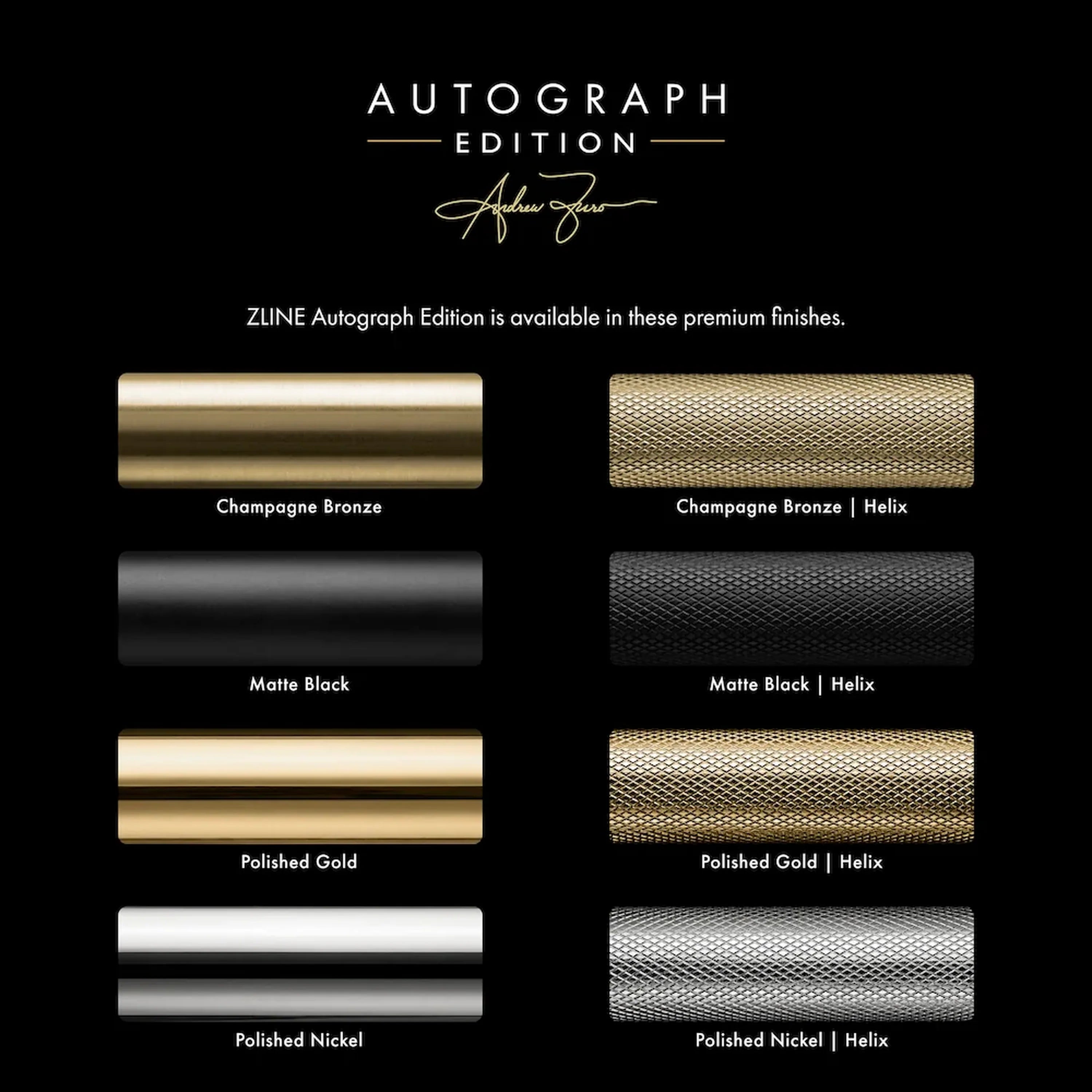 Autograph Edition finish swatch chart with matte black and champagne bronze options