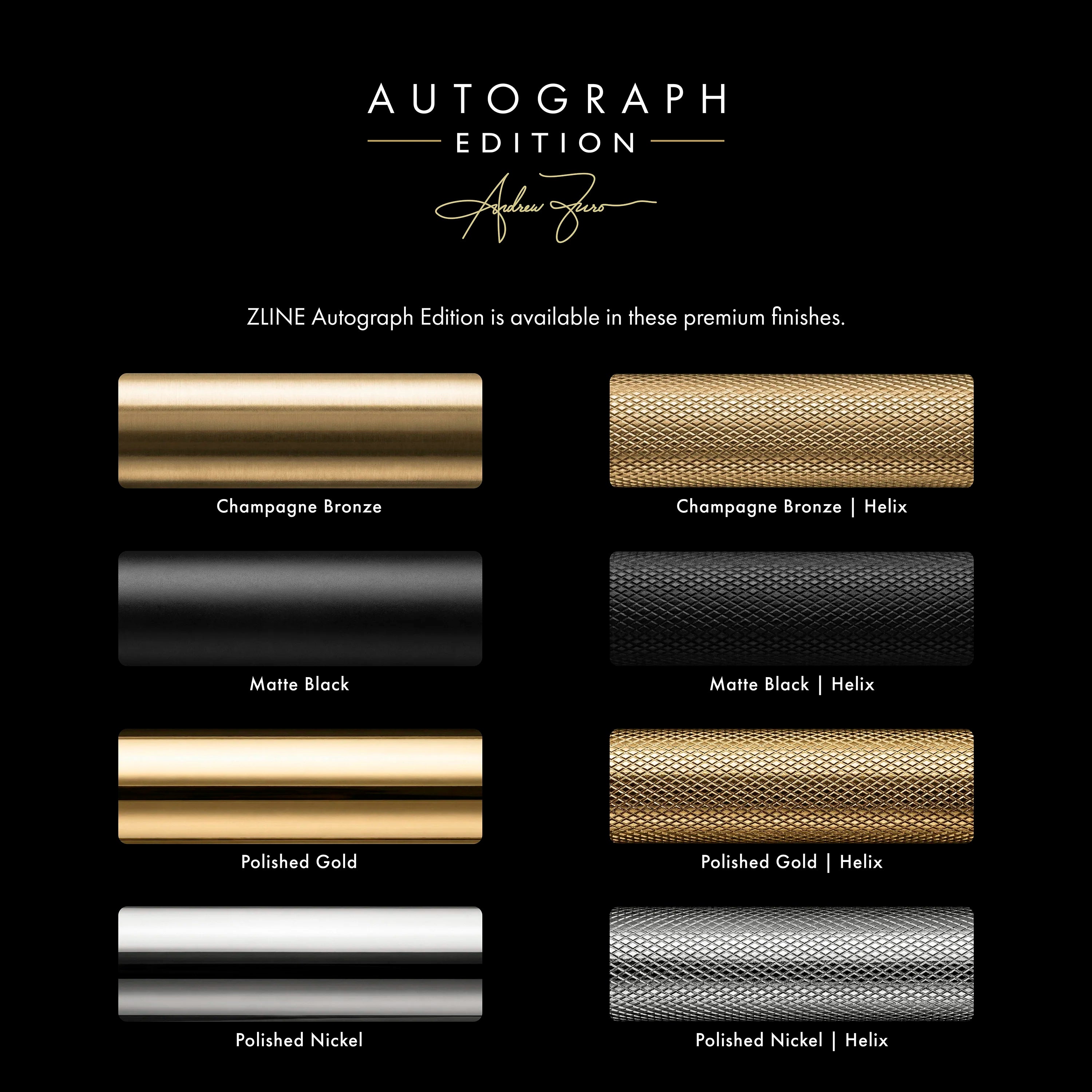 ZLINE Autograph Edition gas range finish swatches: champagne bronze, matte black, gold, nickel