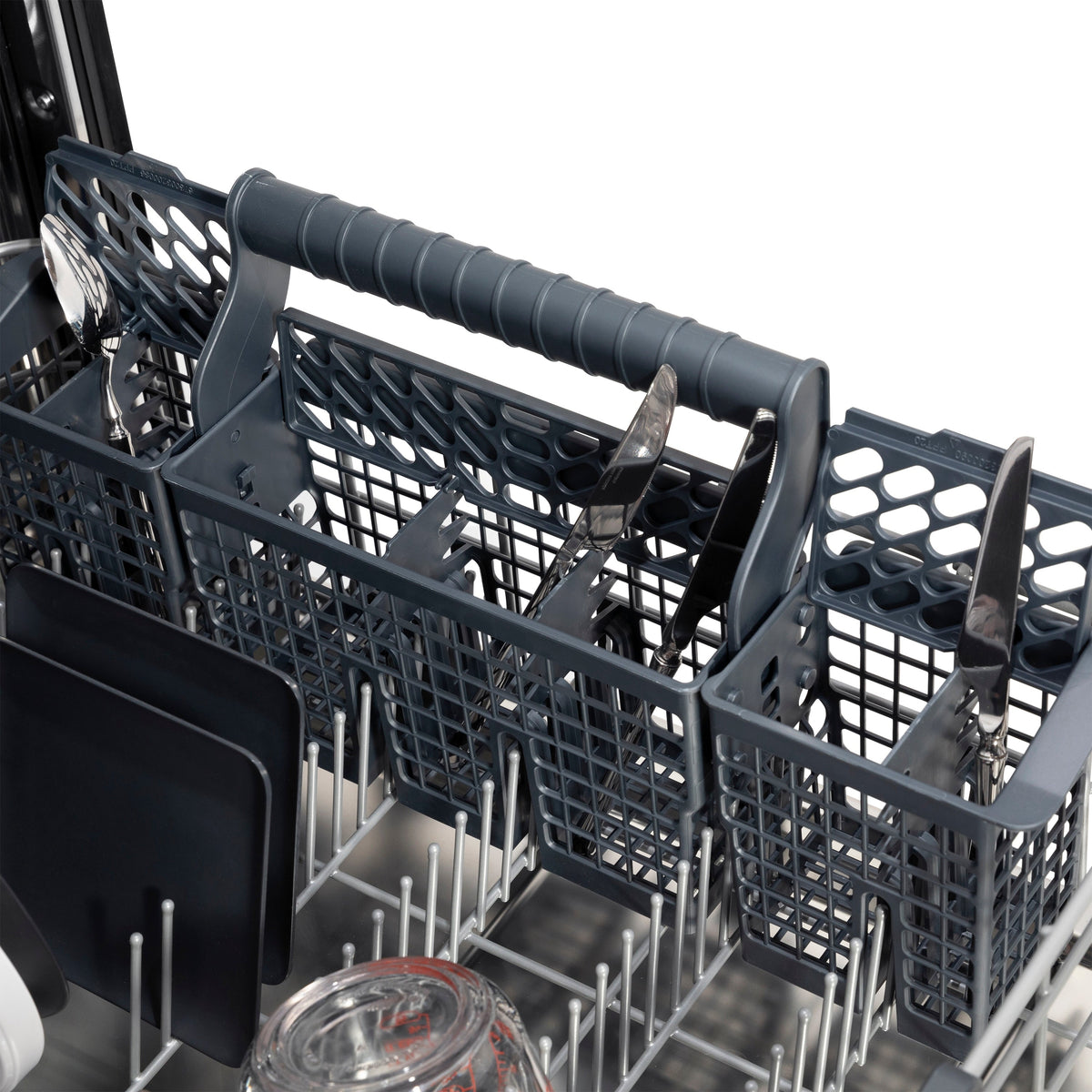 Dark gray dishwasher upper rack with fold tines and spray arm