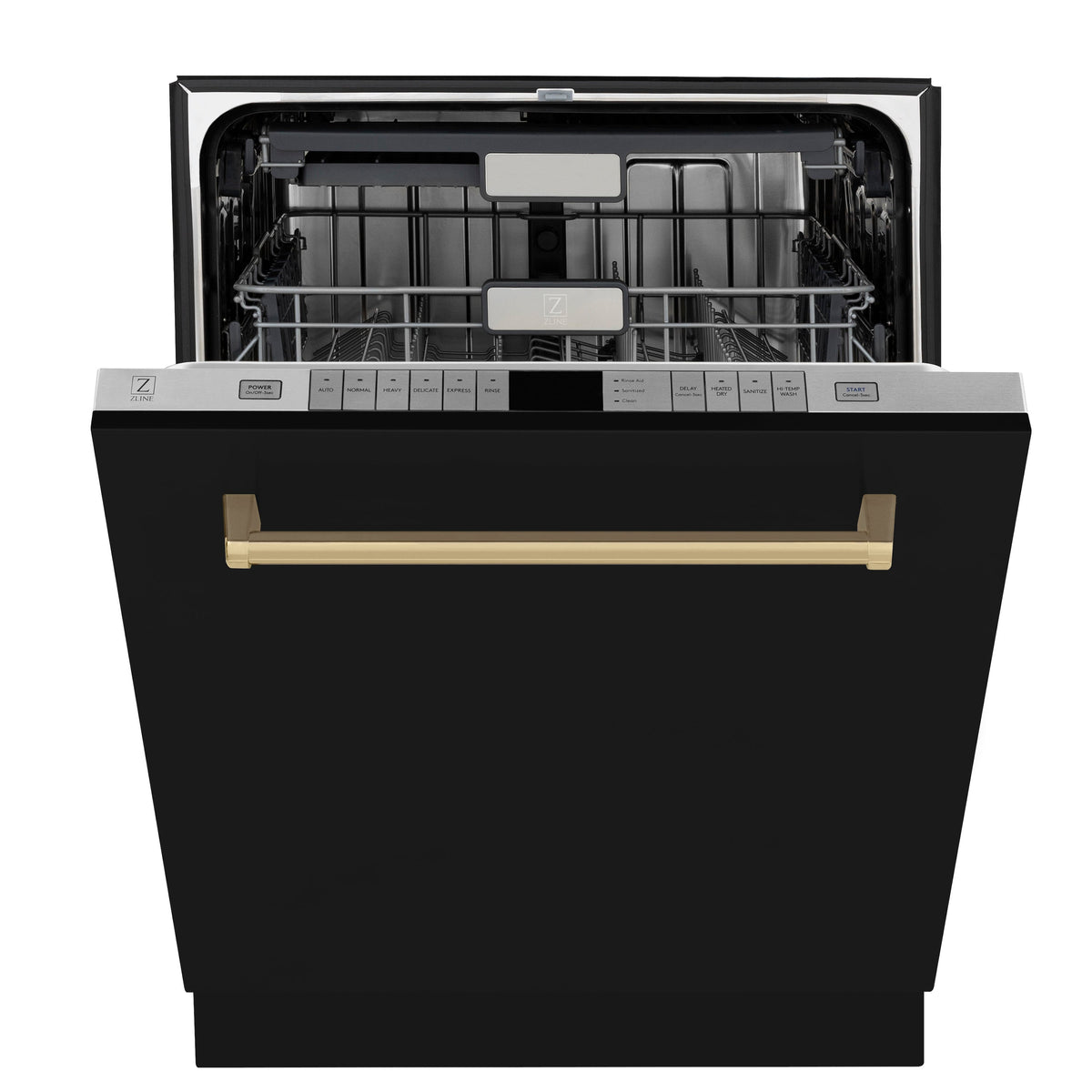 Matte black dishwasher with open door and interior racks