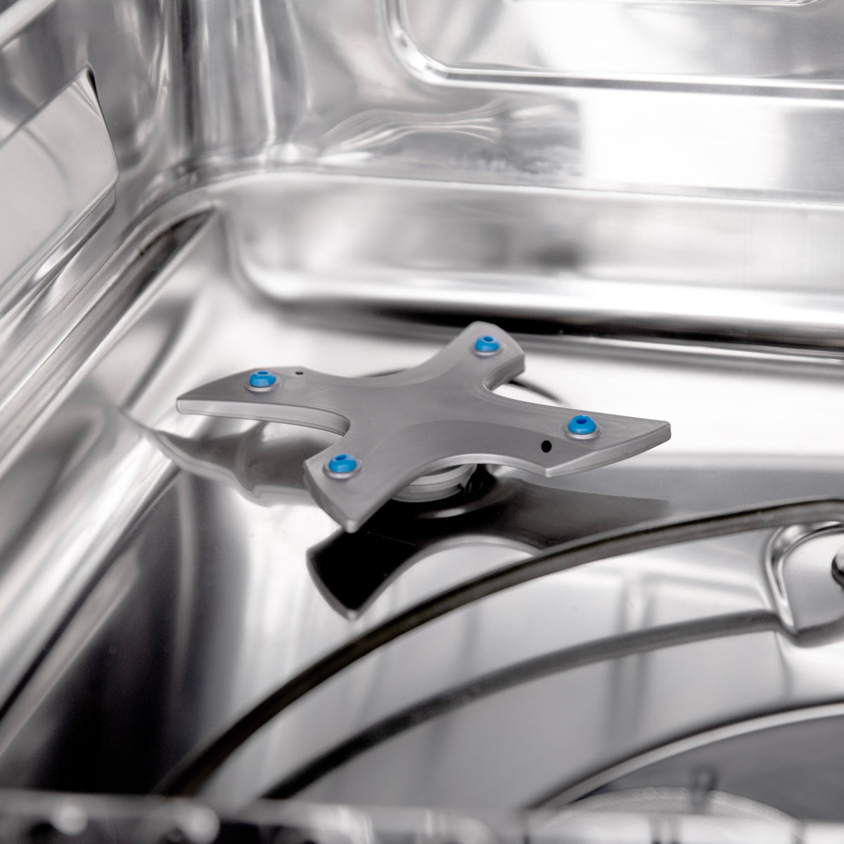 Stainless steel dishwasher base with spray arm mount and black trim ring
