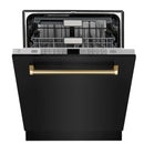 ZLINE Autograph 24-Inch Monument Dishwasher in Black Stainless Steel with Polished Gold Helix Handle, 45dBa (DWMTZ-BS-24-KG)