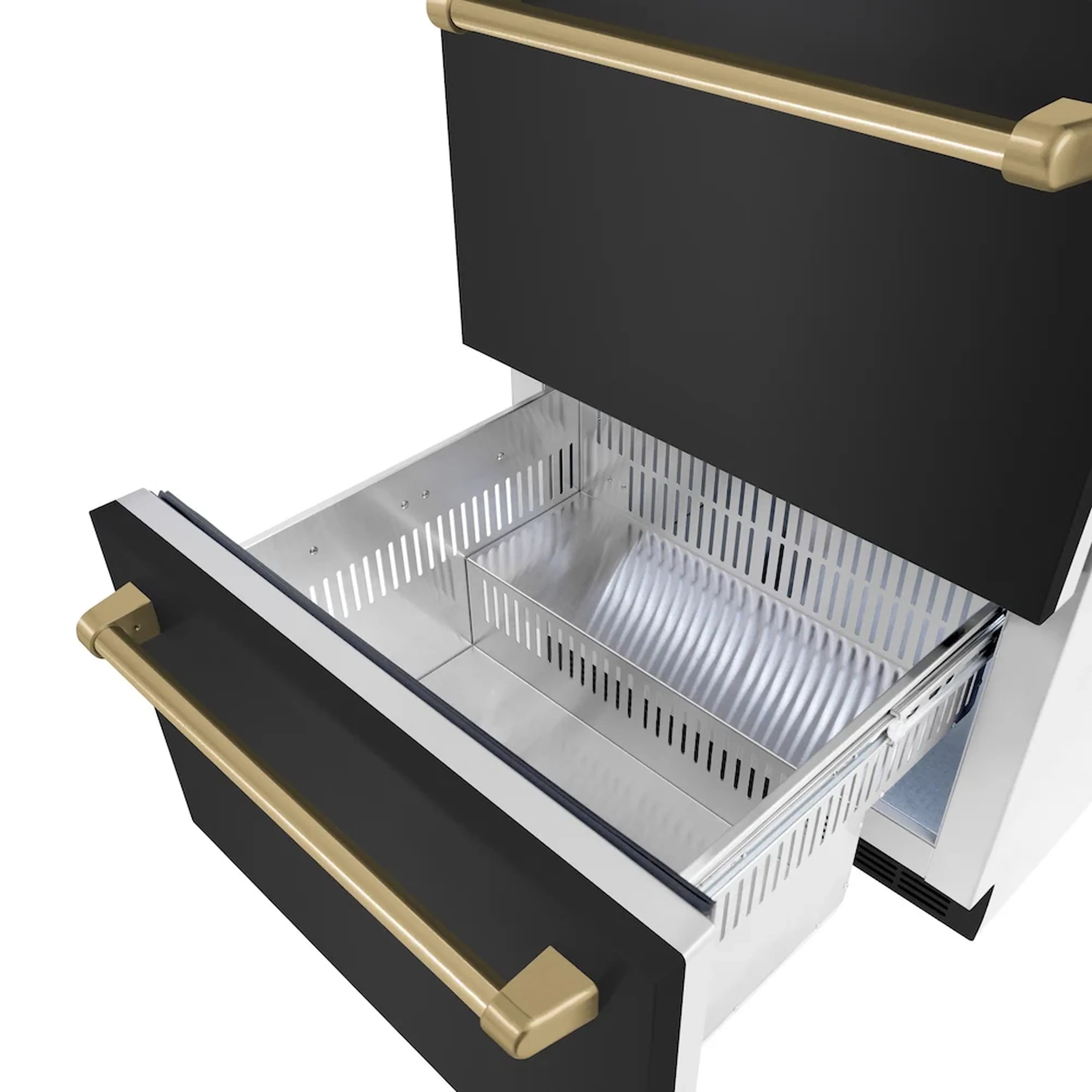 Refrigerator drawer open view with black interior panel and champagne bronze handles