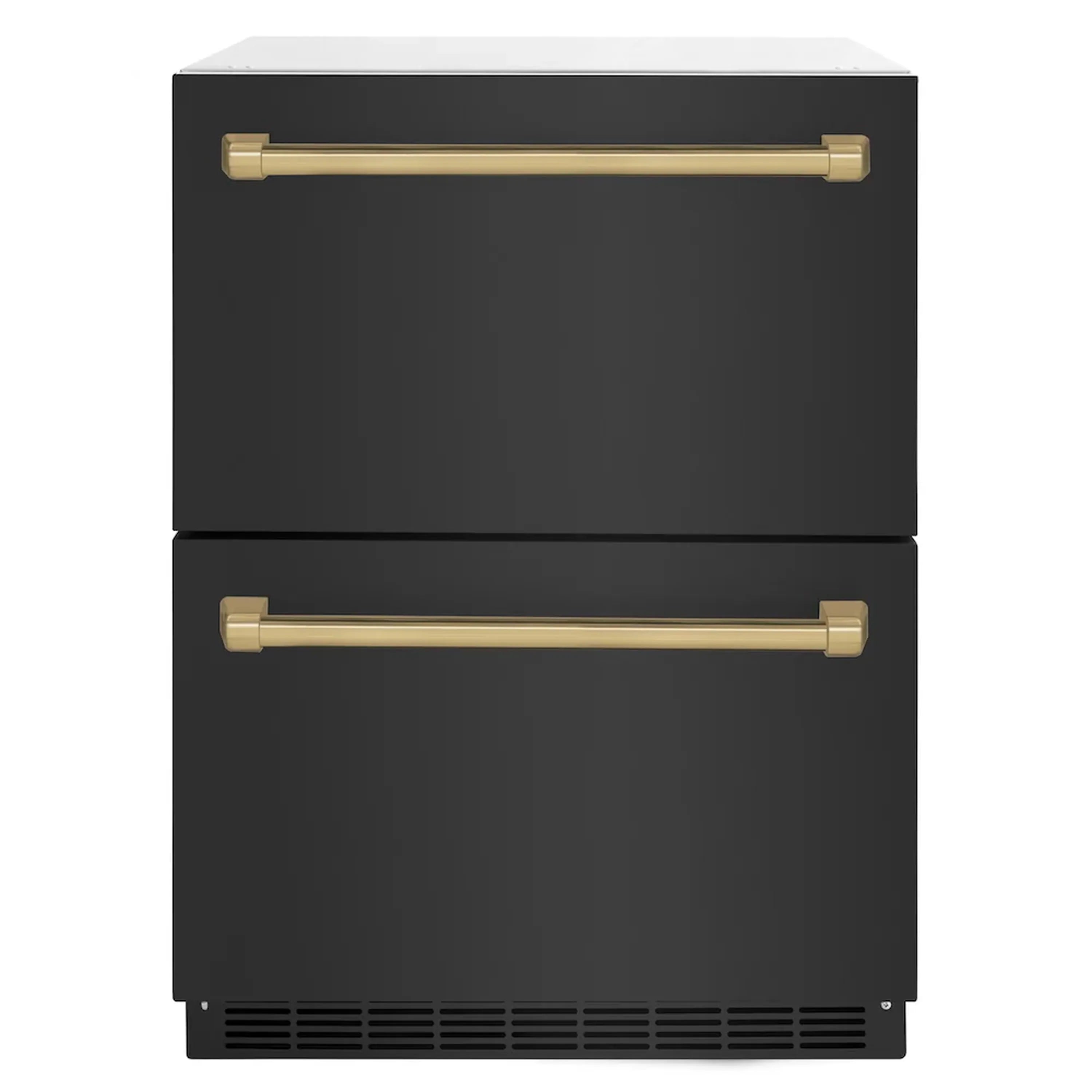 Stacked refrigerator drawers in matte black with champagne bronze pull handles