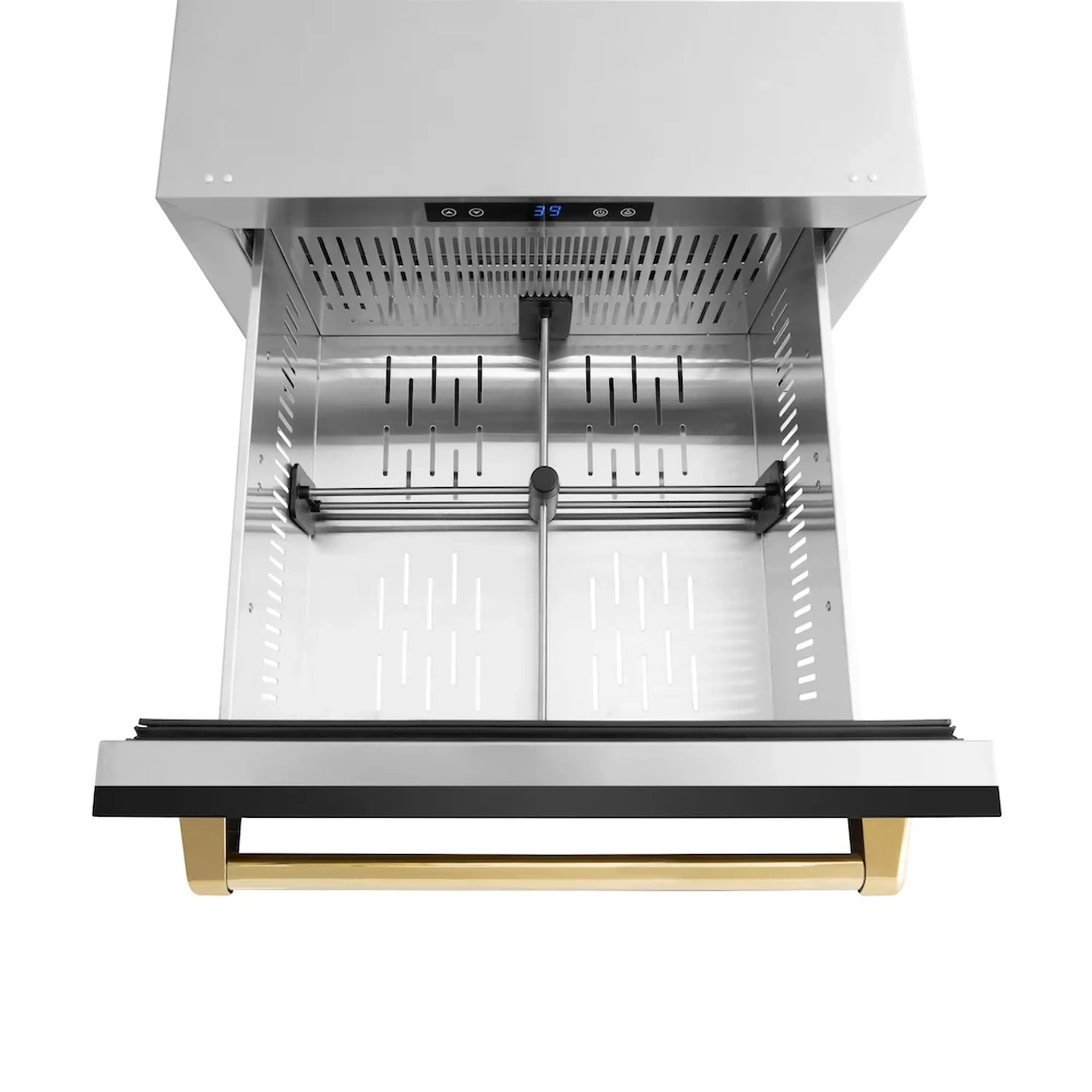 Open refrigerator drawer showing interior racks and gold-trimmed handle
