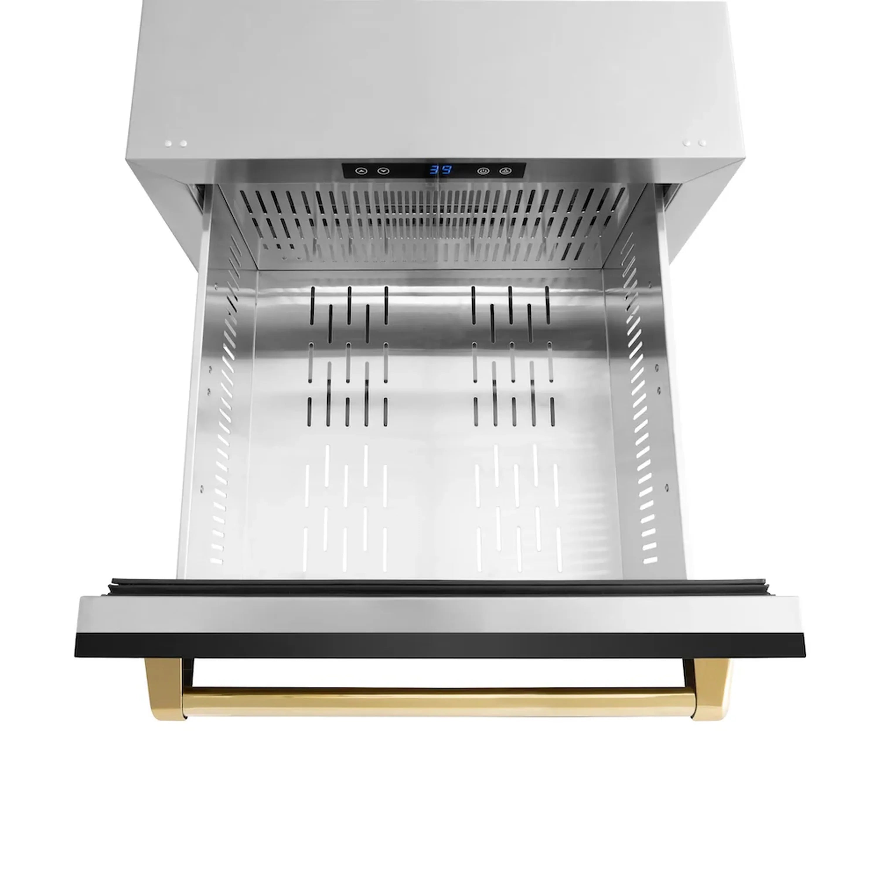 Open refrigerator drawer with black front panel and internal metal racks