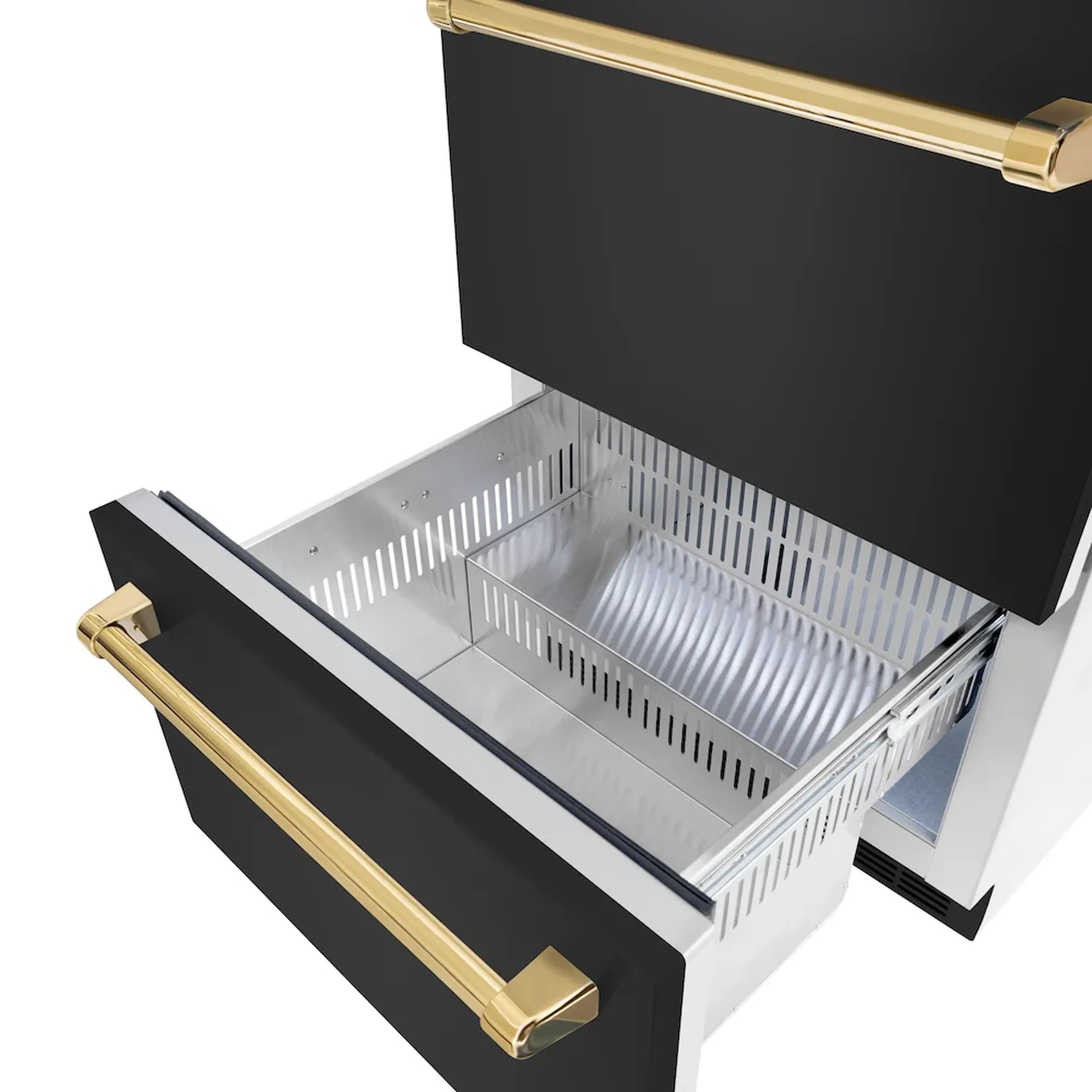 Open black refrigerator drawer with gold bar handles and stainless interior