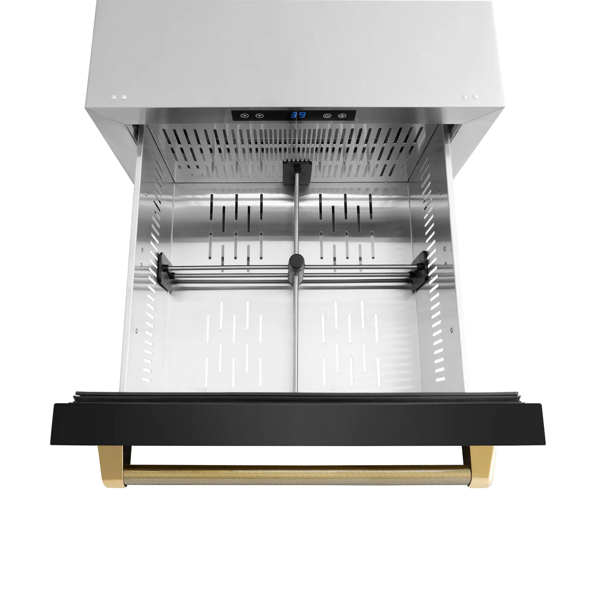 Open refrigerator drawer with stainless interior, vented back wall, black front trim