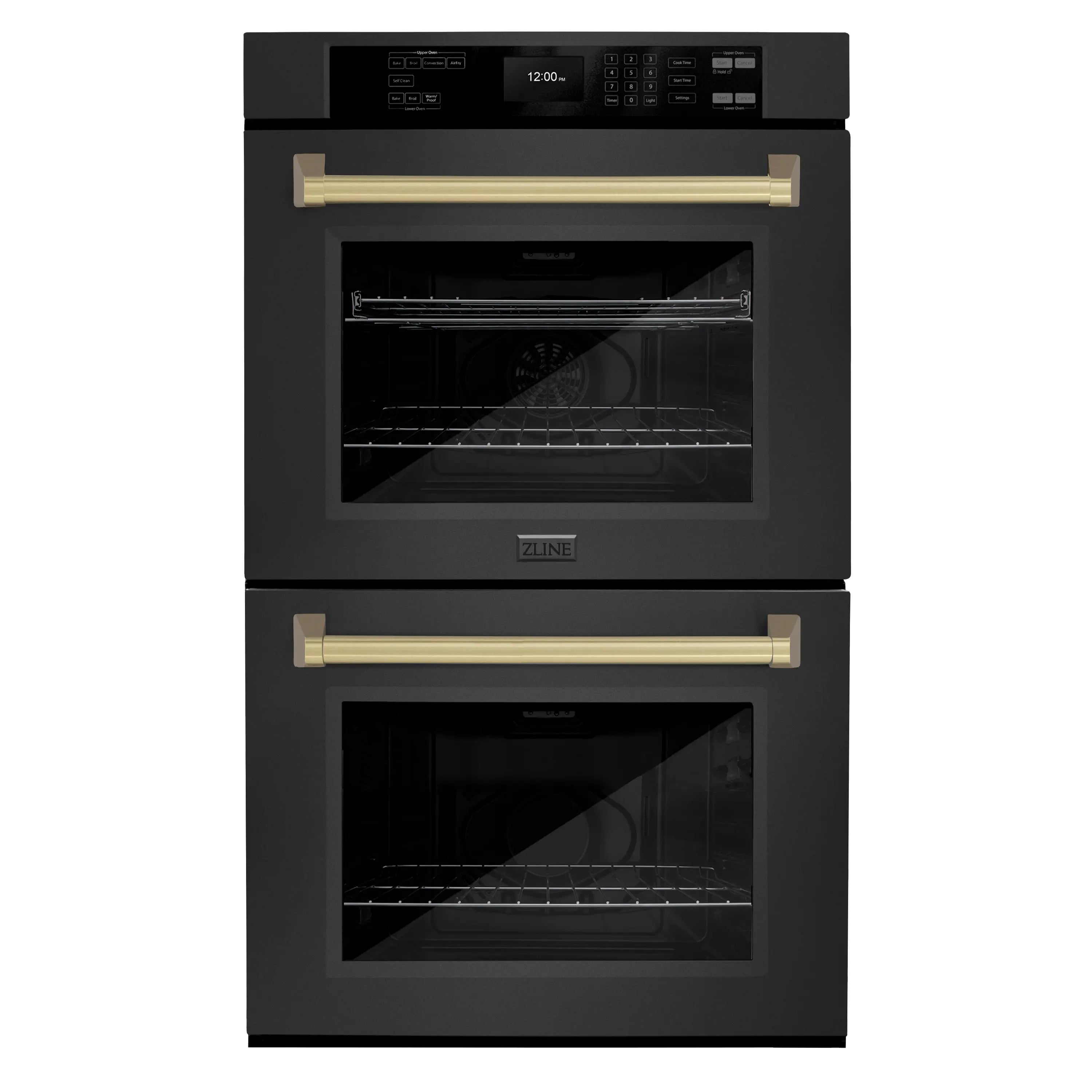 Black stainless steel double wall oven with champagne bronze bar handles and digital control panel