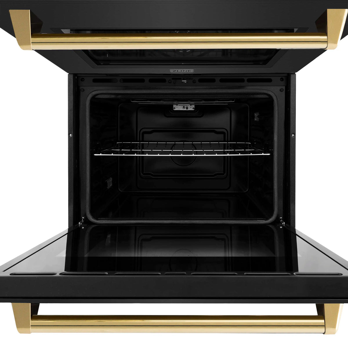 Open double wall oven door revealing two stacked empty racks and heating area.