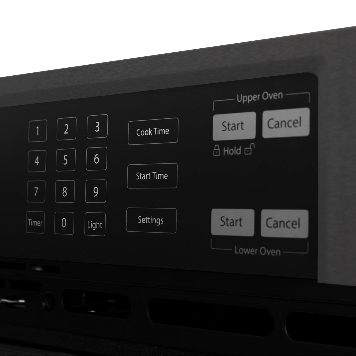 Double wall oven control panel with keypad buttons and display for upper and lower ovens.