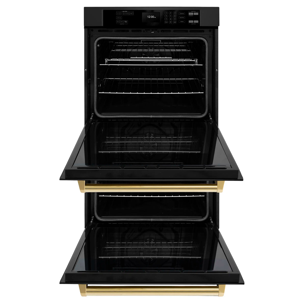 Black stainless double wall oven with upper and lower doors open, racks visible